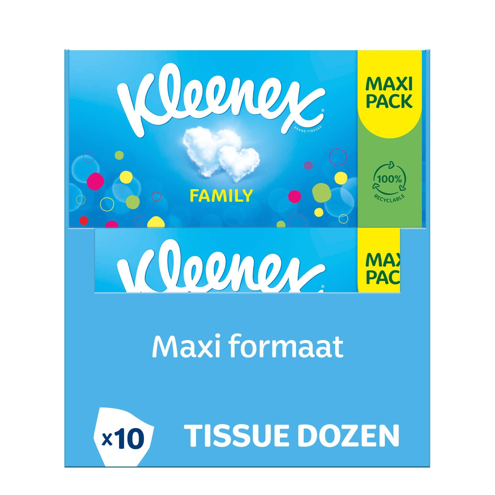 Kleenex Familiebox Maxi formaat. Blauwe verpakking met logo, hart-wolken en tekst 'Maxi formaat'. Multipack van 10 dozen.