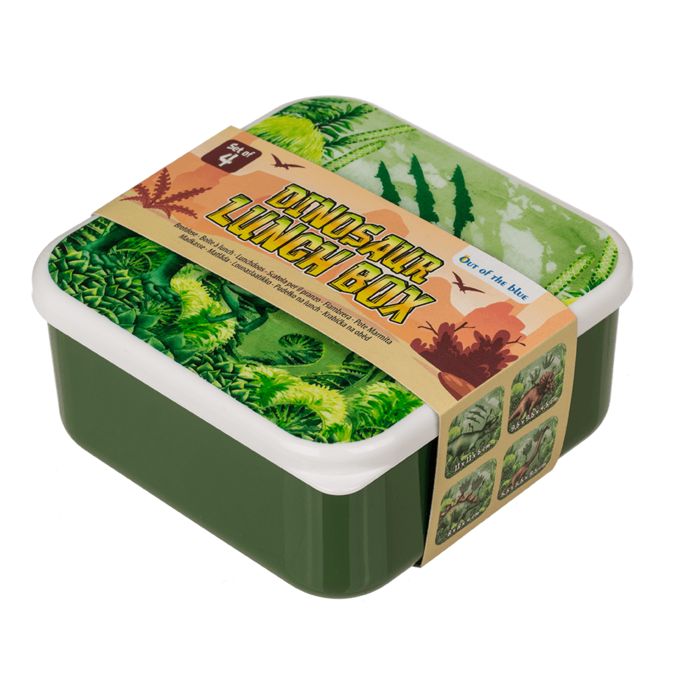 Groene brooddoos met dinosaurusmotief en wit deksel. Op het deksel staat "Dinosaur Lunch Box". Het product zit in een verpakking.