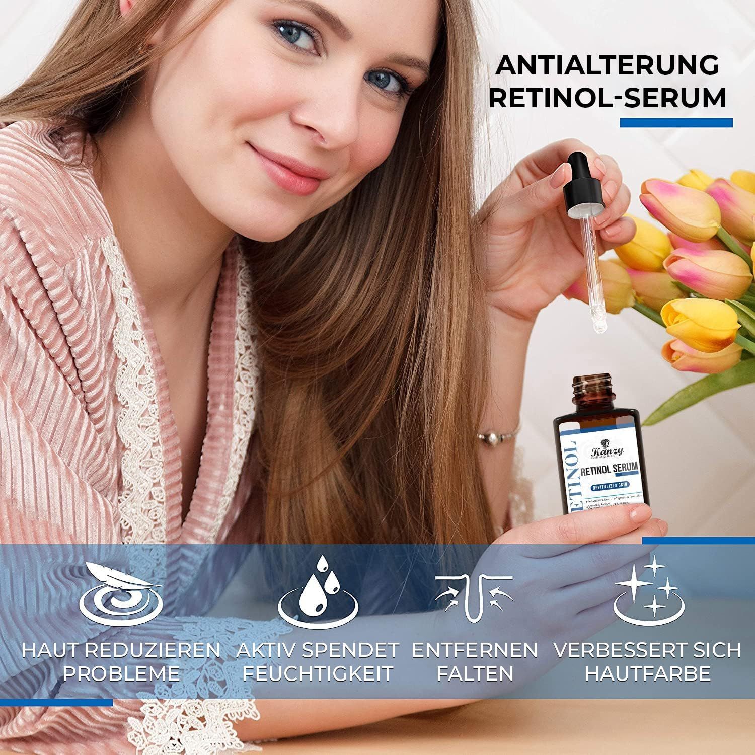 Vrouw houdt retinol serum fles vast. Opschrift: KANZY Retinol Serum. Met druppelaar. Opschrift: Anti-aging. Achtergrond: bloemen.