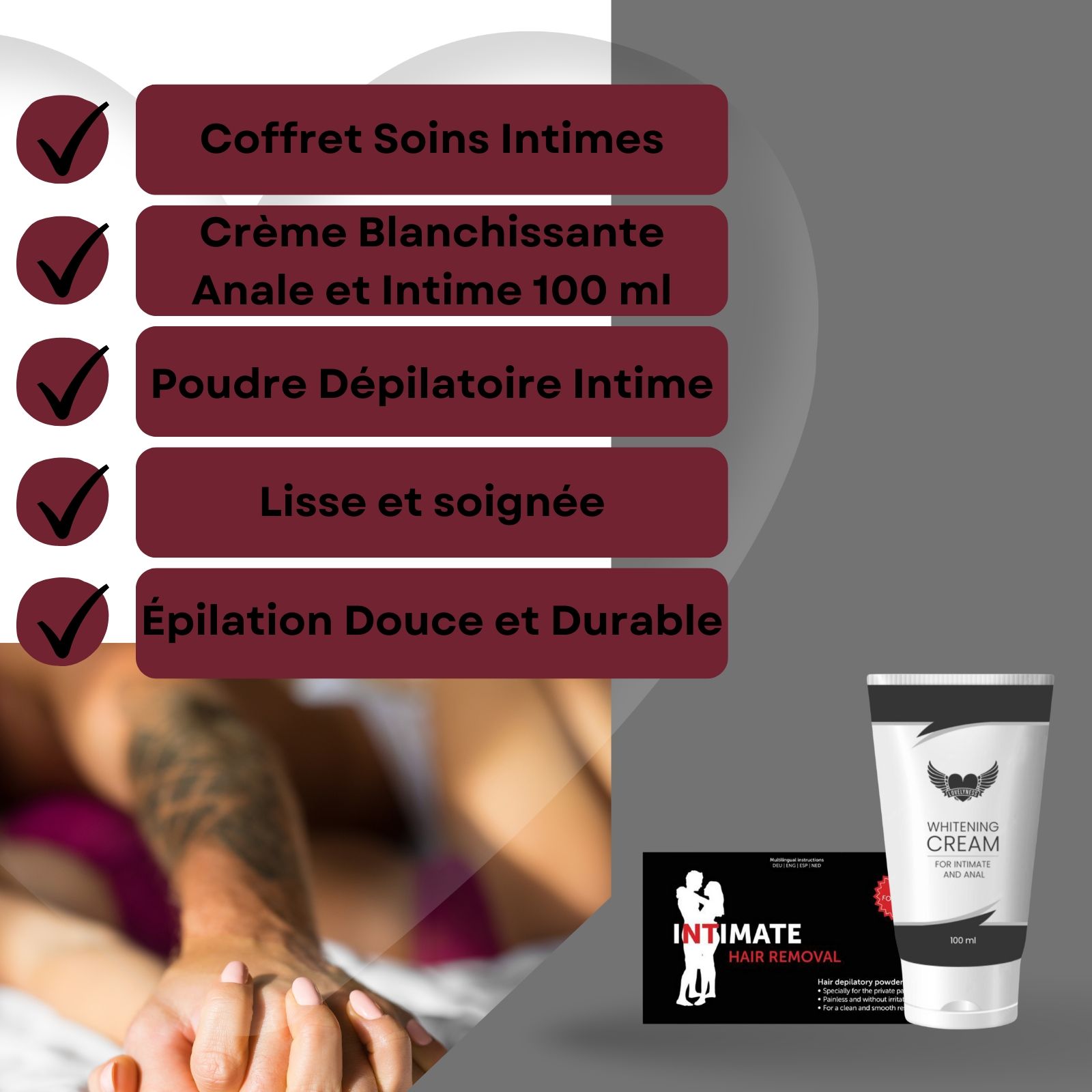 Coffret Soins Intimes. Crème et poudre. Texte: Intime, Blanchiment anal, Épilation. Emballage.