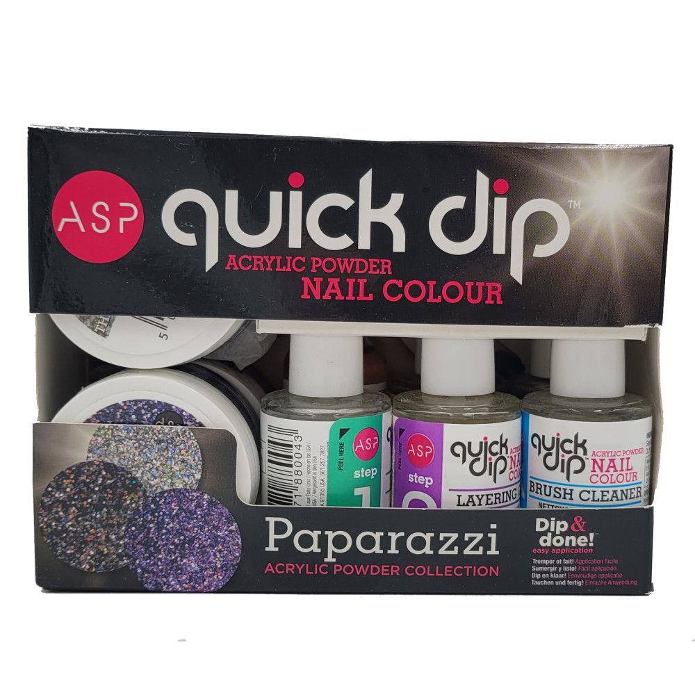 Kit Poudre Acrylique Quick Dip Paparazzi. Zwarte verpakking met logo en productnaam. Bevat poeders en vloeistoffen in flesjes.