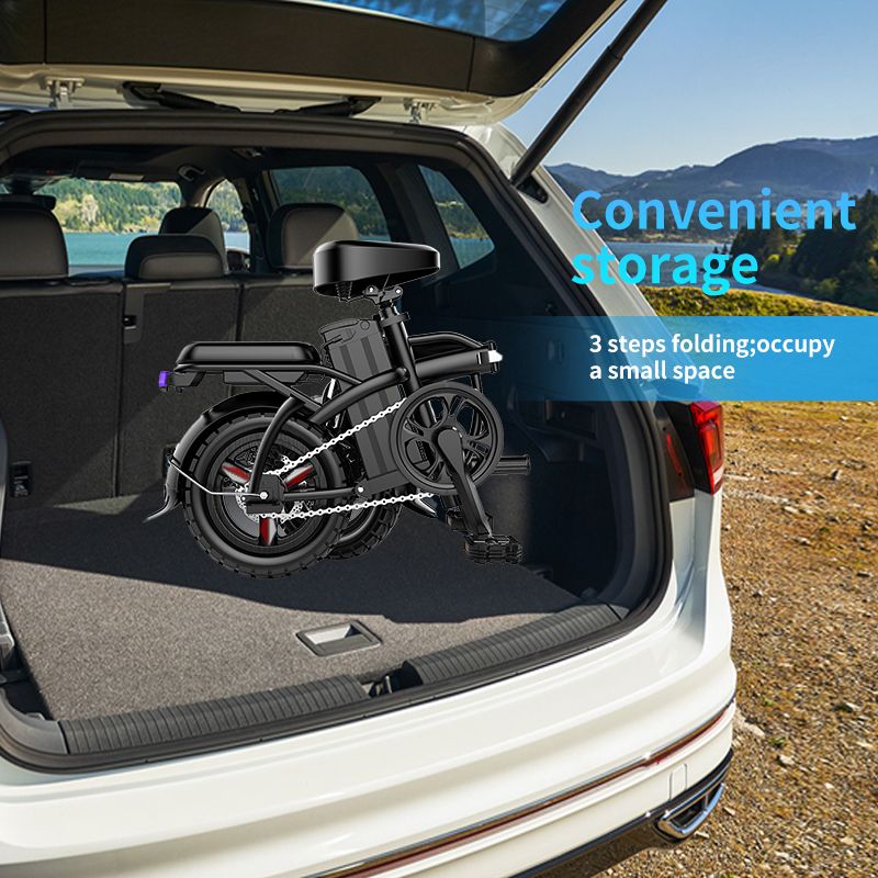 Vélo électrique plié dans le coffre d'une voiture. Texte : 'Convenient storage'.