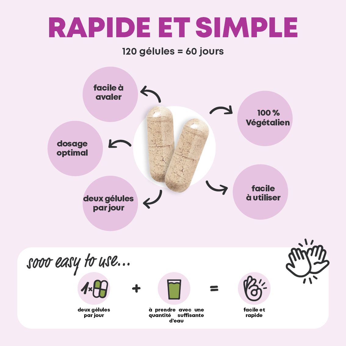 Deux gélules 'Foie Plus' avec des cercles expliquant les avantages comme la facilité d'ingestion et 100% vegan.
