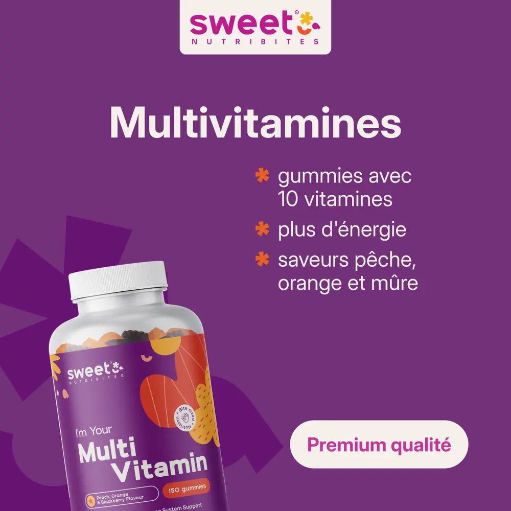 Flacon Sweet Nutribites Multivitamin. Texte : Multivitamines gummies avec 10 vitamines, plus d'énergie, saveurs pêche, orange et mûre. Qualité supérieure.