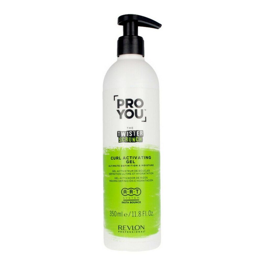 Flacon blanc avec pompe noire. Inscription: Pro You The Twister Scrunch Curl Activator Gel. Détails verts. 350ml.