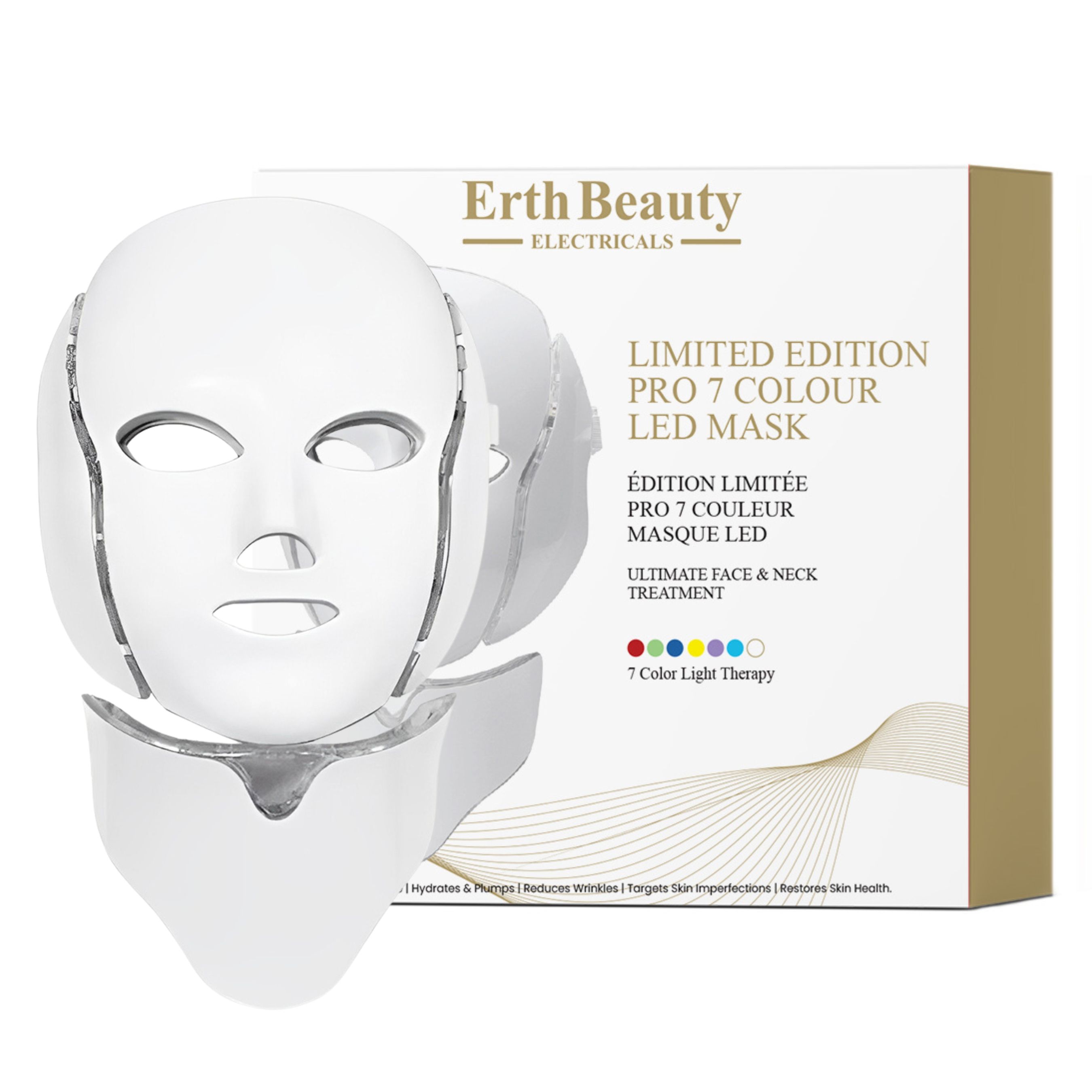 Wit LED gezichtsmasker en verpakking, met 7-kleuren therapie-aanduiding.