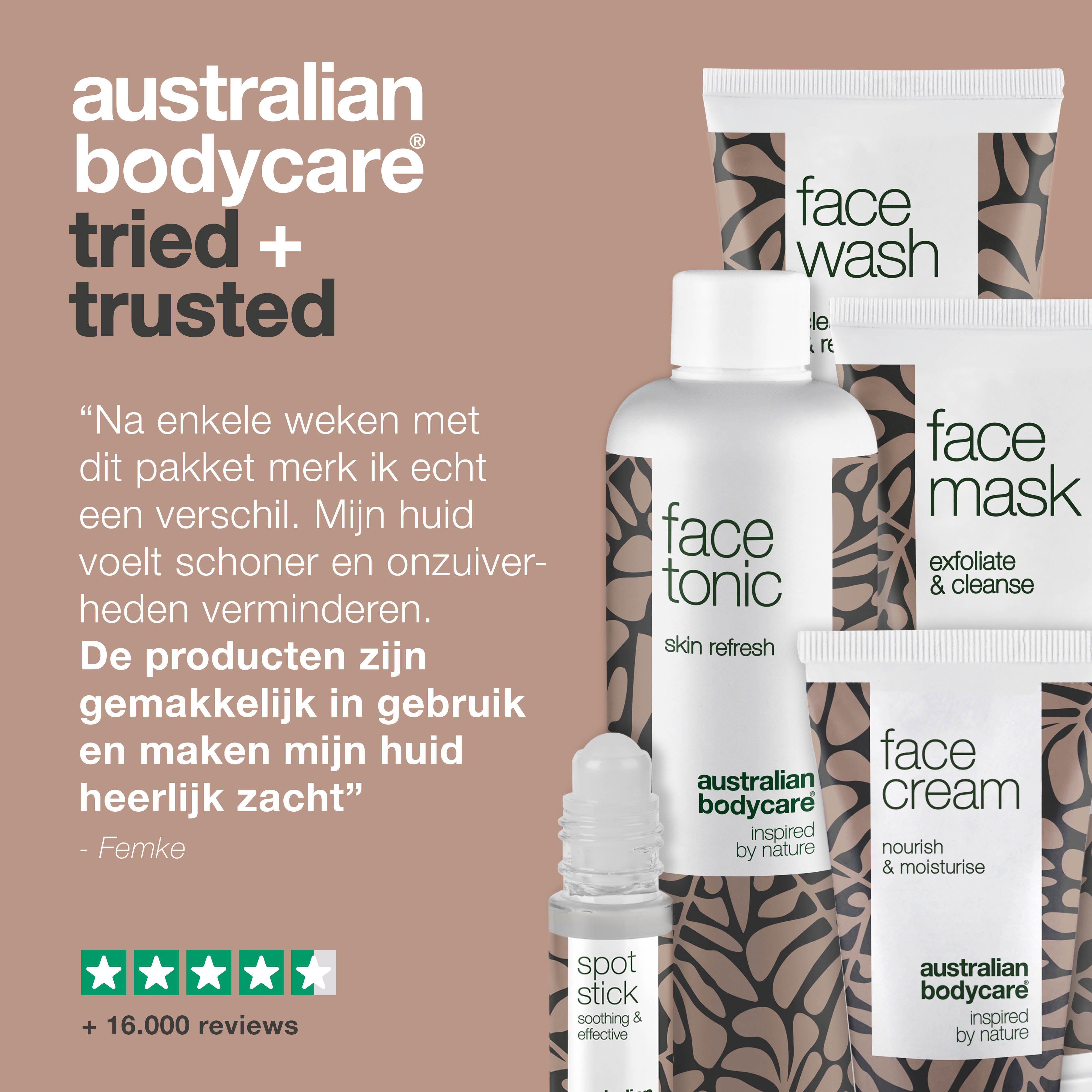 Tekst: Australian Bodycare tried + trusted. Gezichtsverzorgingsset. Citaat en sterrenbeoordeling.