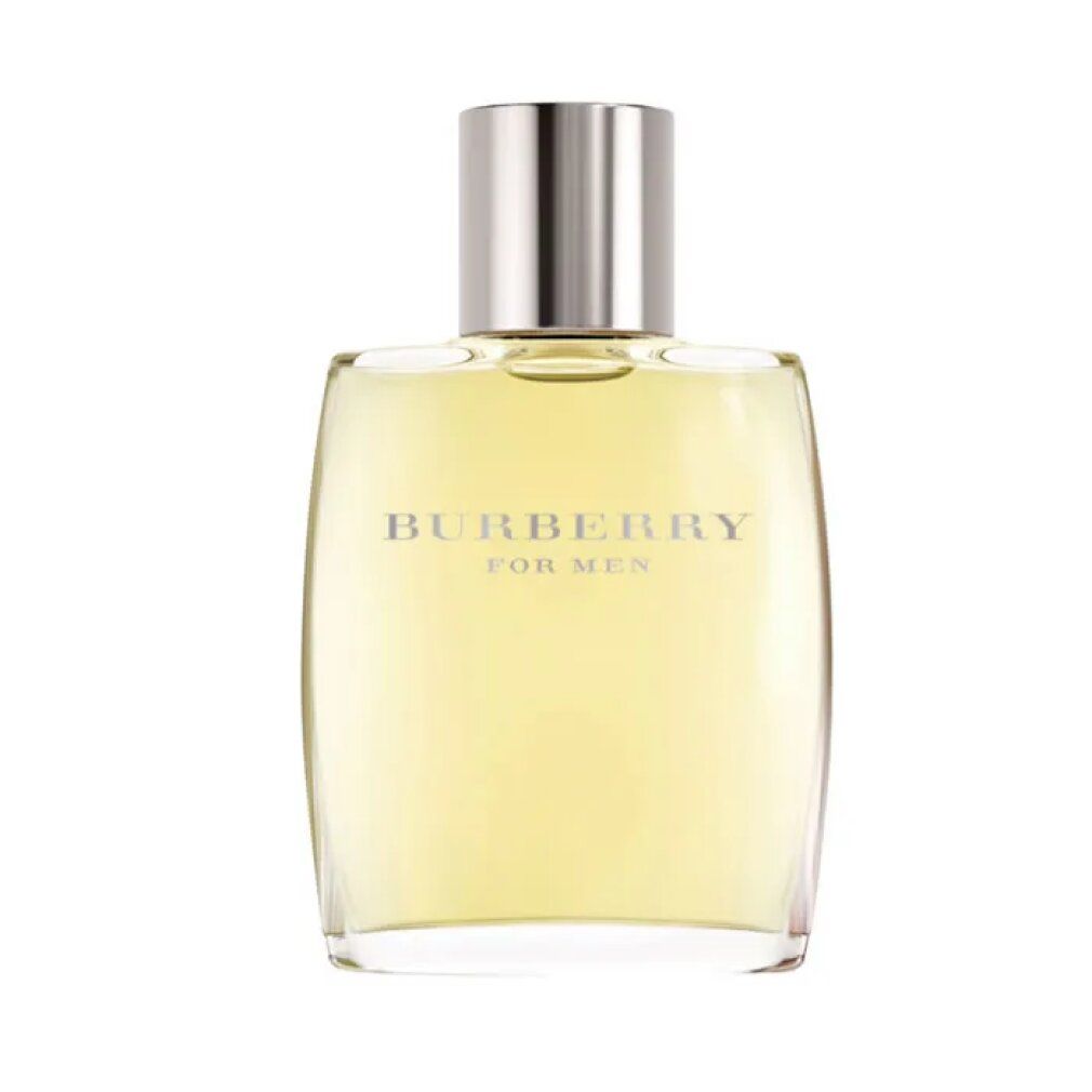 Flacon Burberry for Men Eau de Toilette. Flacon rectangulaire avec bouchon argenté. Inscription : Burberry for Men.