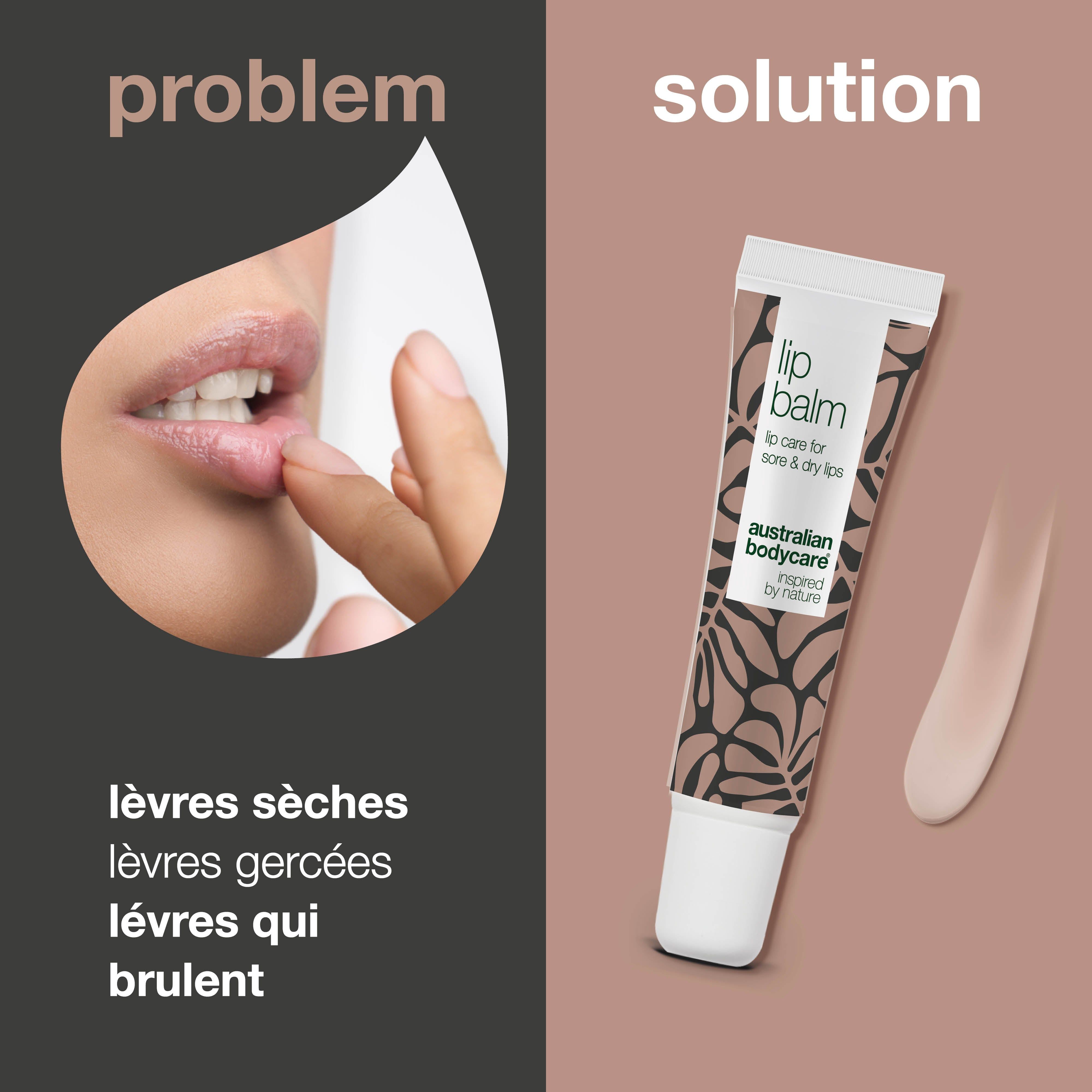 Produit de soin des lèvres et lèvres. Texte: Lip Balm, australian bodycare. Problème: lèvres sèches.