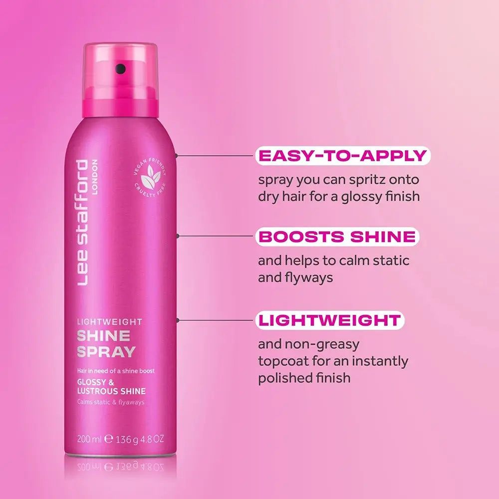 Flacon de spray brillance légère Lee Stafford avec explications sur l'application et les bénéfices.