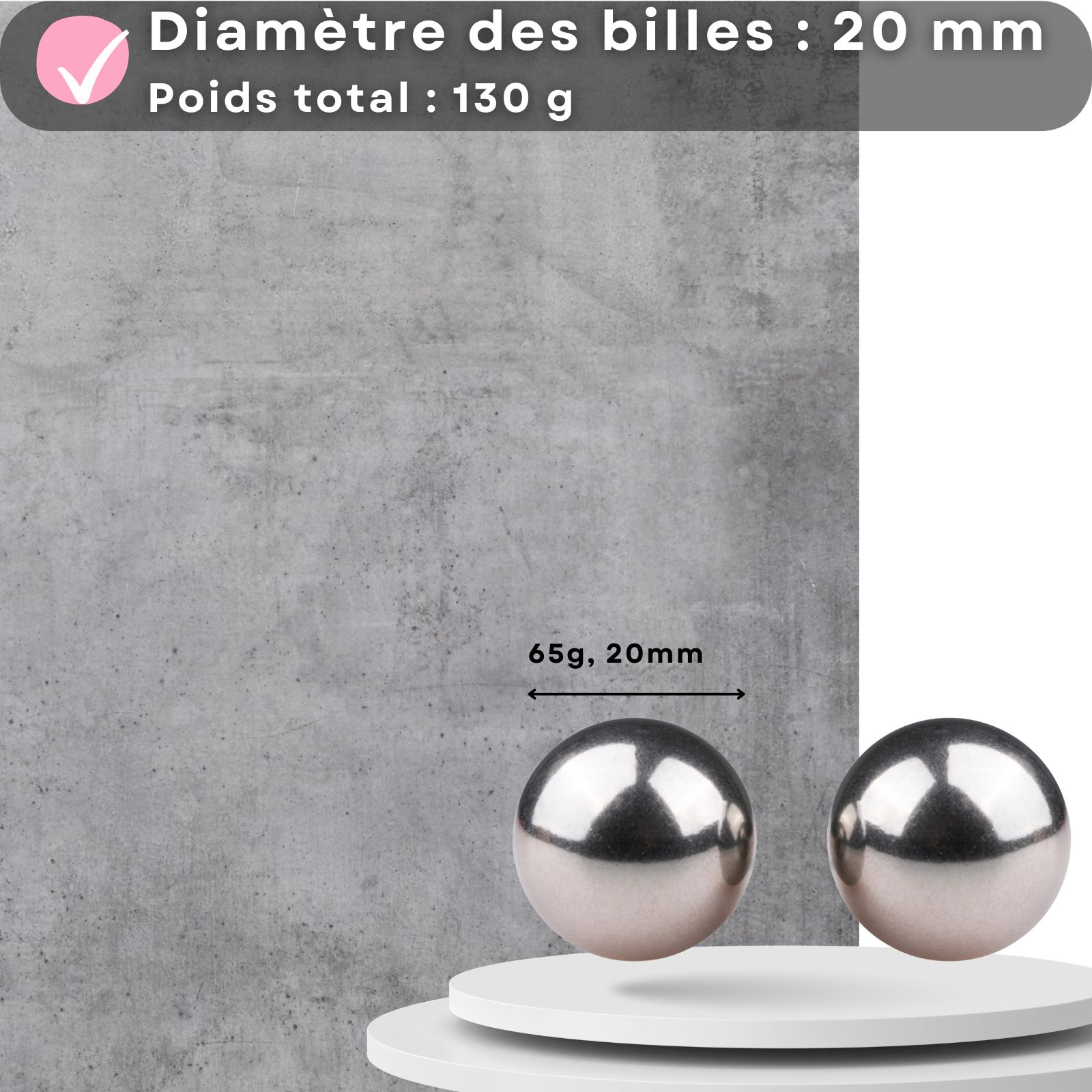 Deux boules métalliques. Texte: 1 paire de boules d'amour, 130g, 20mm, acier inoxydable.
