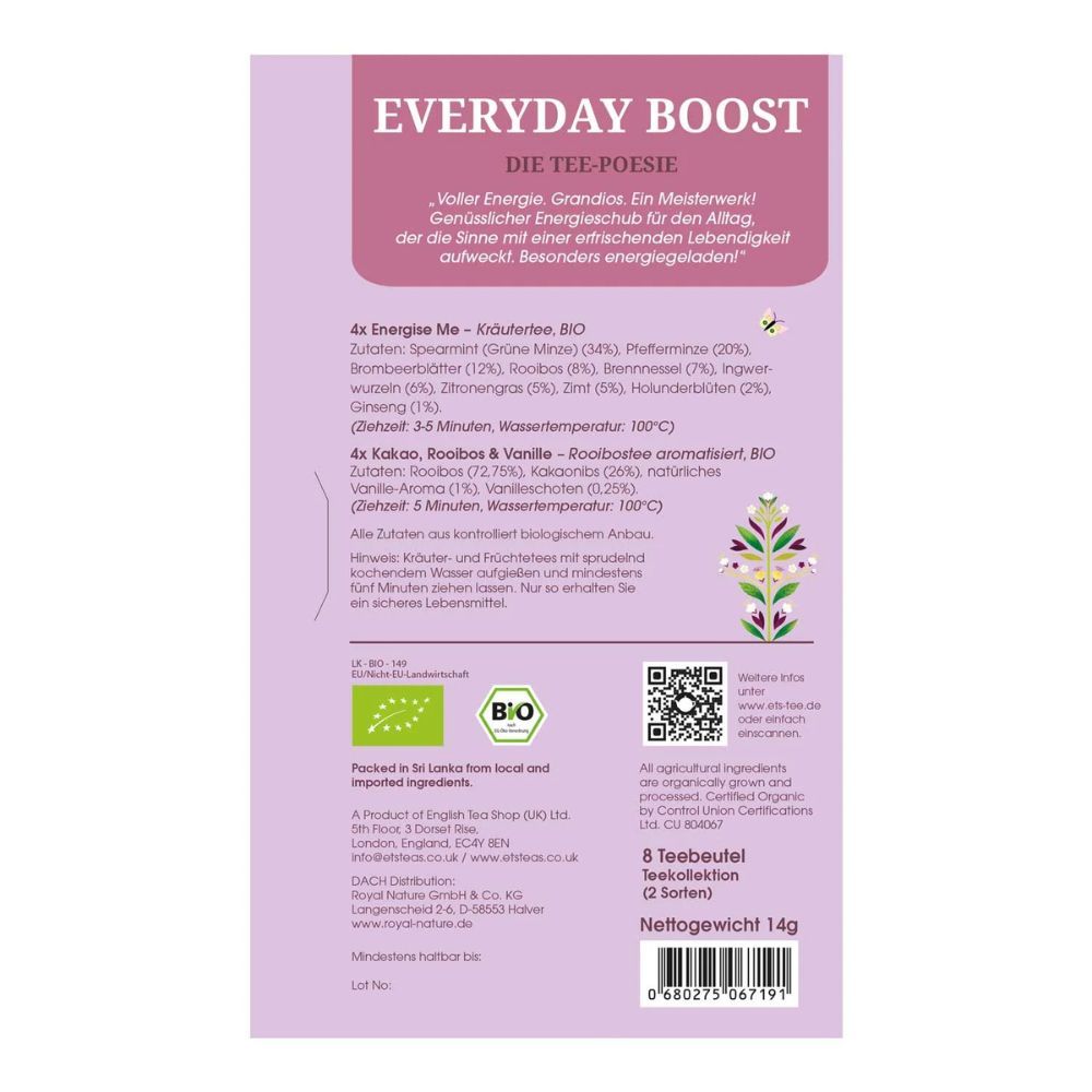 Achterkant van de cadeaudoos. Tekst met ingrediënten, bio-keurmerk, QR-code en voedingswaarde. Opschrift: Everyday Boost, 8 theezakjes.