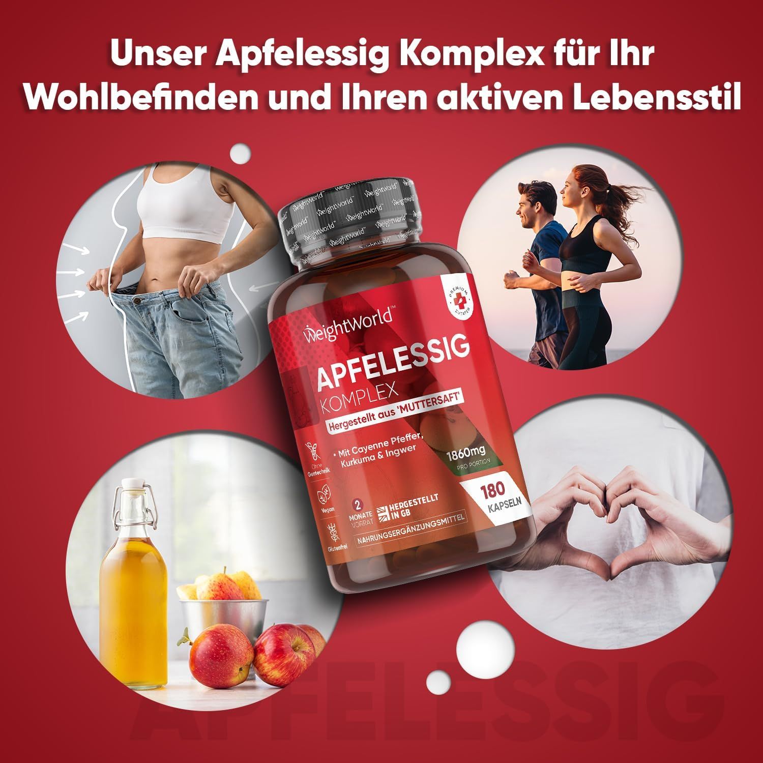 Productfles Apfelessig Komplex. Afbeeldingen: vrouw, man, appels, appelazijn. Rode achtergrond.