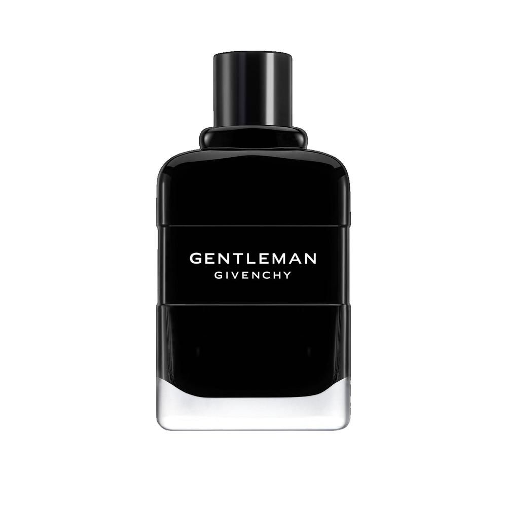 Zwarte fles met zwarte dop. Opschrift: GENTLEMAN GIVENCHY. Rechthoekige vorm met afgeronde hoeken.
