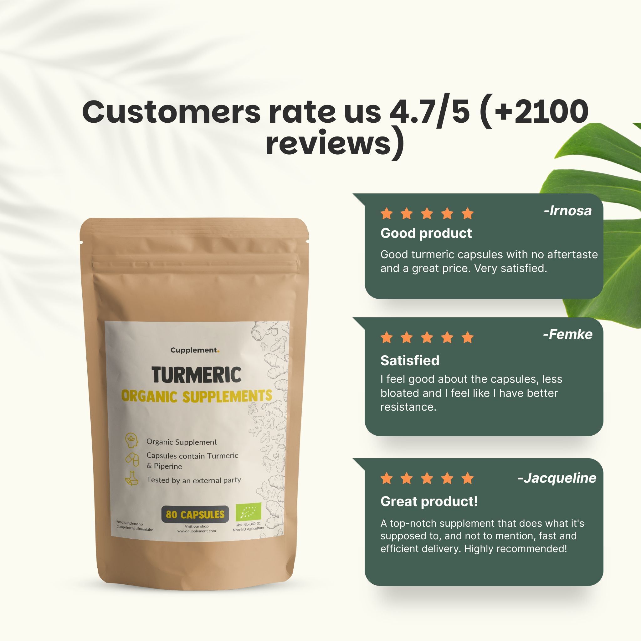 Cupplement Turmeric, 80 gélules. Sachet marron avec étiquette blanche. Avis clients. 4.7/5 étoiles. 3 avis.