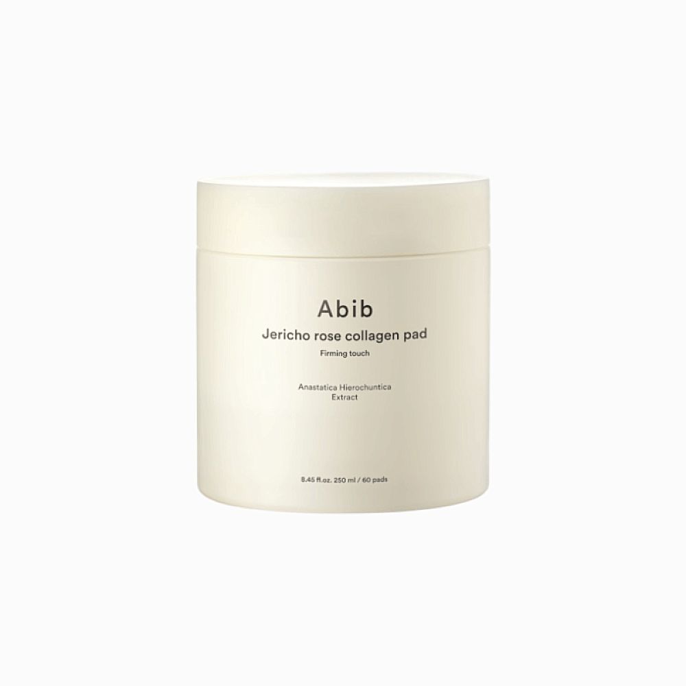 Cilindervormige pot met deksel. Tekst: « Abib Jericho rose collagen pad ».