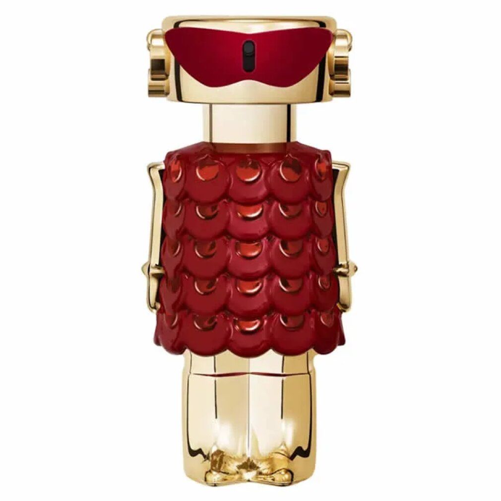 Flacon de parfum robot doré avec motif d'écailles rouges et lunettes de soleil.