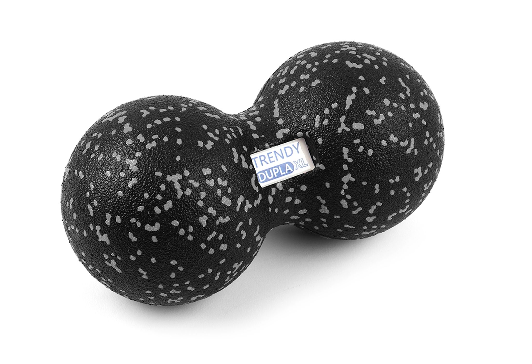 Zwarte fascia duoball met witte stippen. Twee verbonden ballen. Label "Trendy Dupla XL".