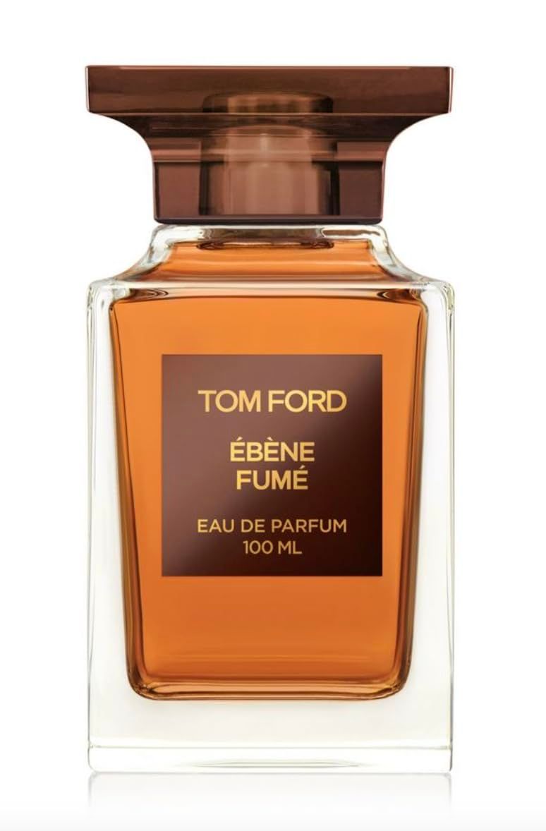 Tom Ford parfumfles. Vierkante glazen fles met bruine dop. Opschrift: Ébène Fumé, Eau de Parfum.