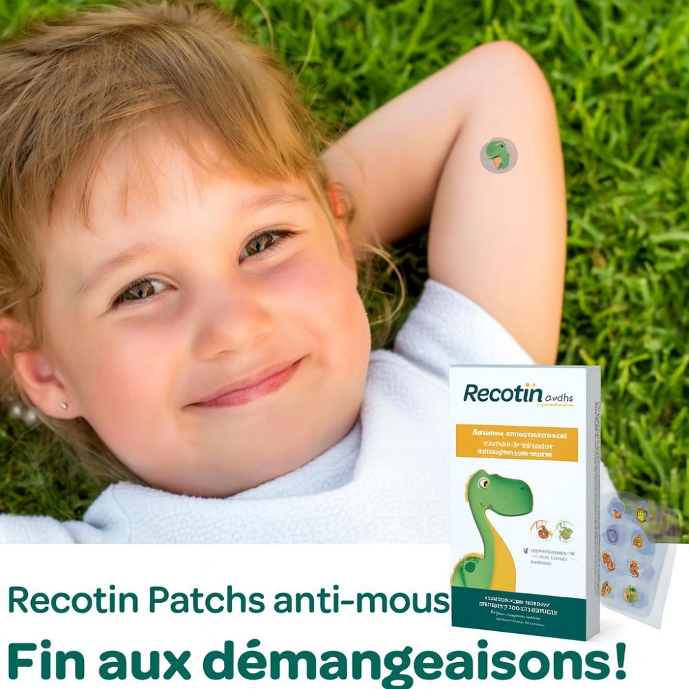 Enfant allongé dans l'herbe avec un pansement sur le bras. Paquet de pansements Recotin à côté. Inscription : 'Fin aux démangeaisons!'