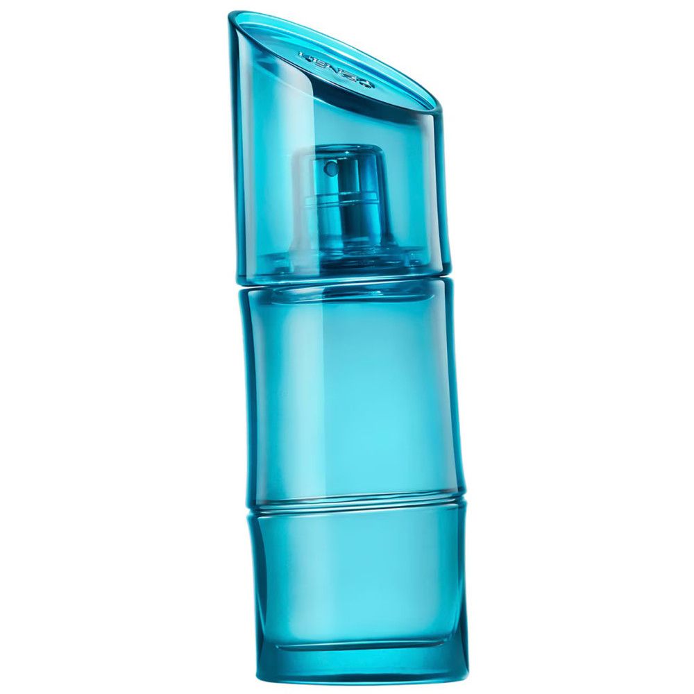 Blauwe KENZO HOMME Eau de Toilette Marine fles, cilindrisch, met schuine dop, op witte achtergrond.