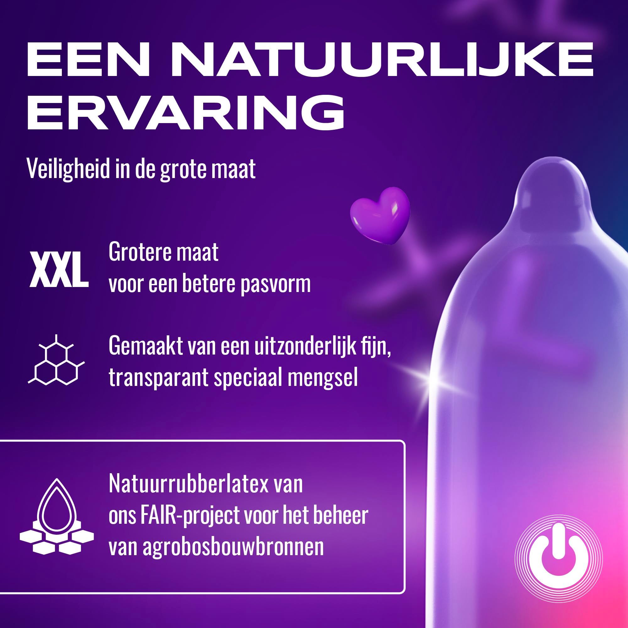 Een ON) condoom, maat XXL, transparant, van natuurrubberlatex.