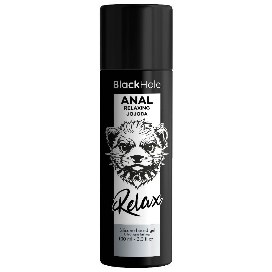 Zwarte fles met opschrift "ANAL RELAXING JOJOBA". Dierenlogo en woord "Relax" zichtbaar.