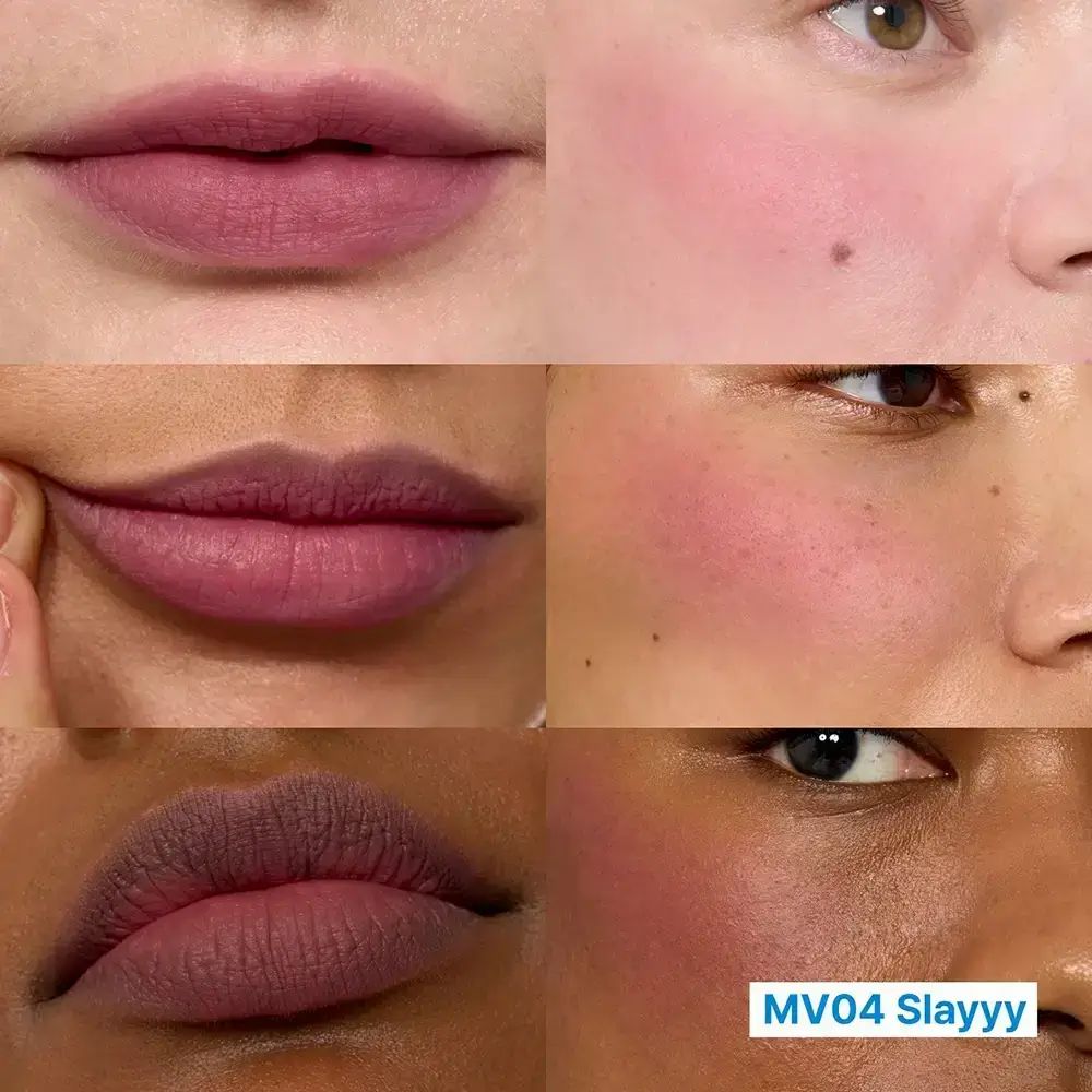 Drie paar lippen en wangen met verschillende tinten. Tekst: MV04 Slayyy.