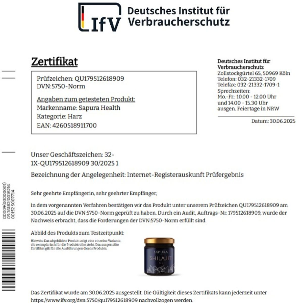 Certificat de l'Institut allemand de protection des consommateurs pour la résine de Shilajit de Sapura Health.