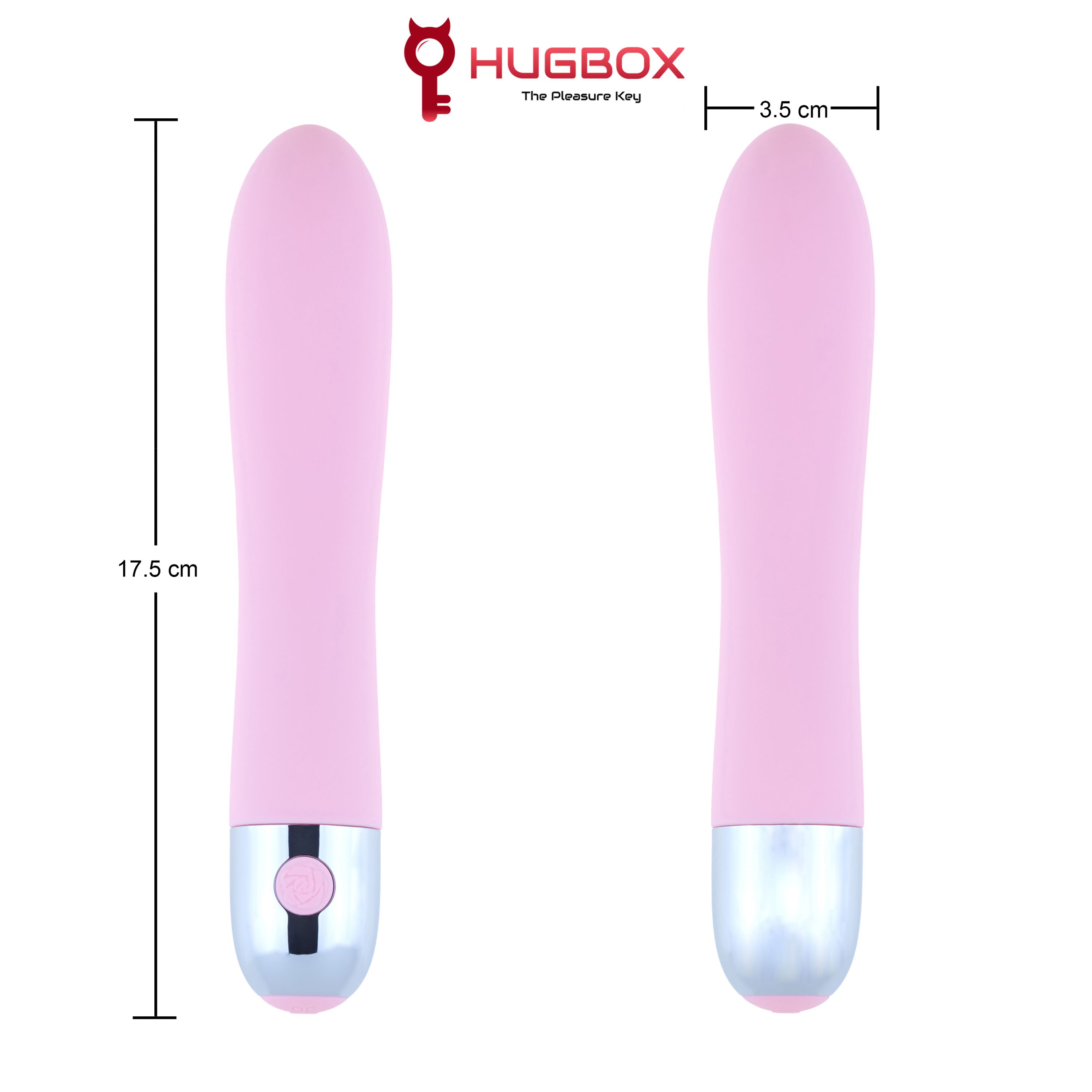 Deux vues d'un vibrateur rose. Dimensions : 17,5 cm de long, 3,5 cm de large. Marque : HUGBOX.
