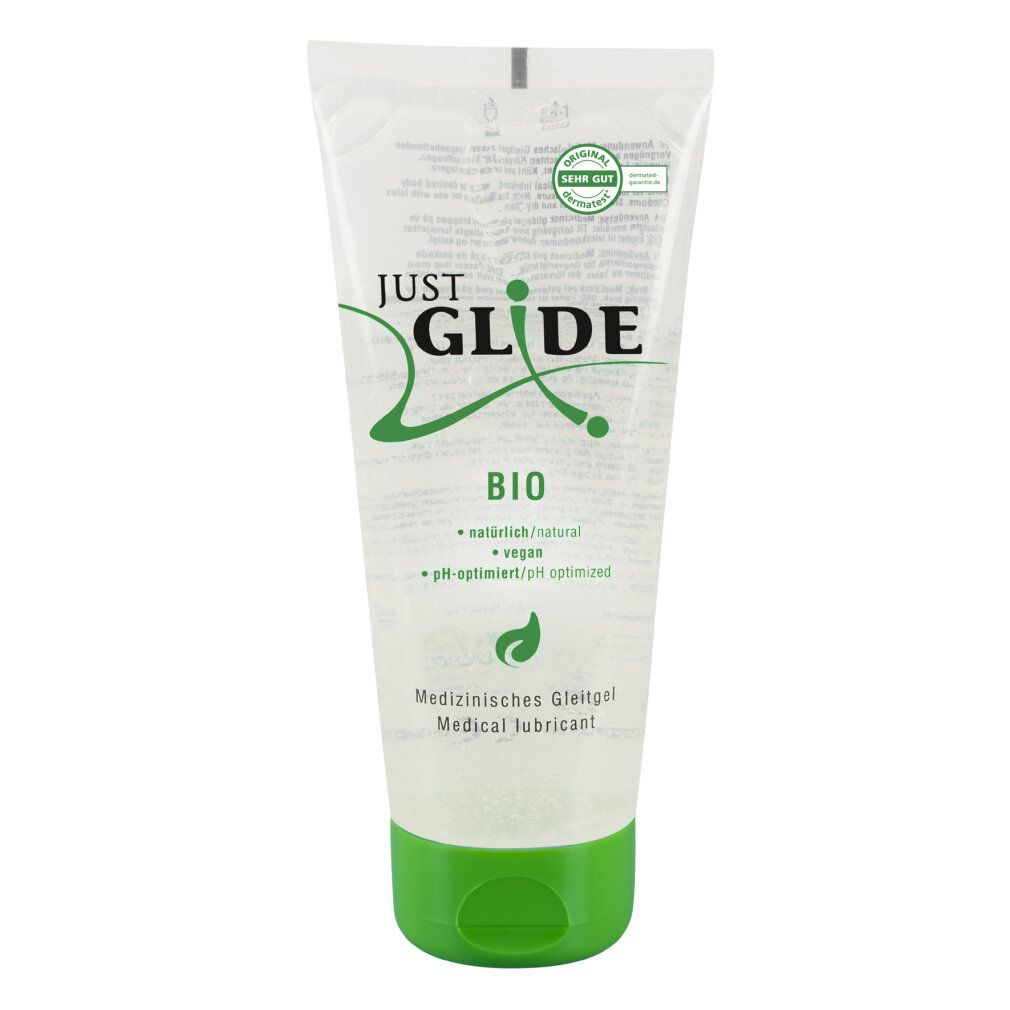 Tube de gel transparent avec bouchon vert. Inscription: Just Glide Bio, Médicament lubrifiant. Sceau.