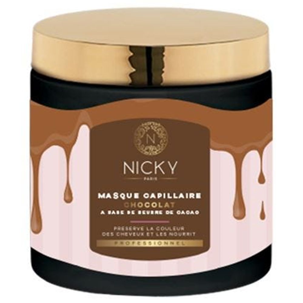 Pot marron avec couvercle doré. Inscription: Nicky Paris, Masque Capillaire Chocolat. Produit professionnel.