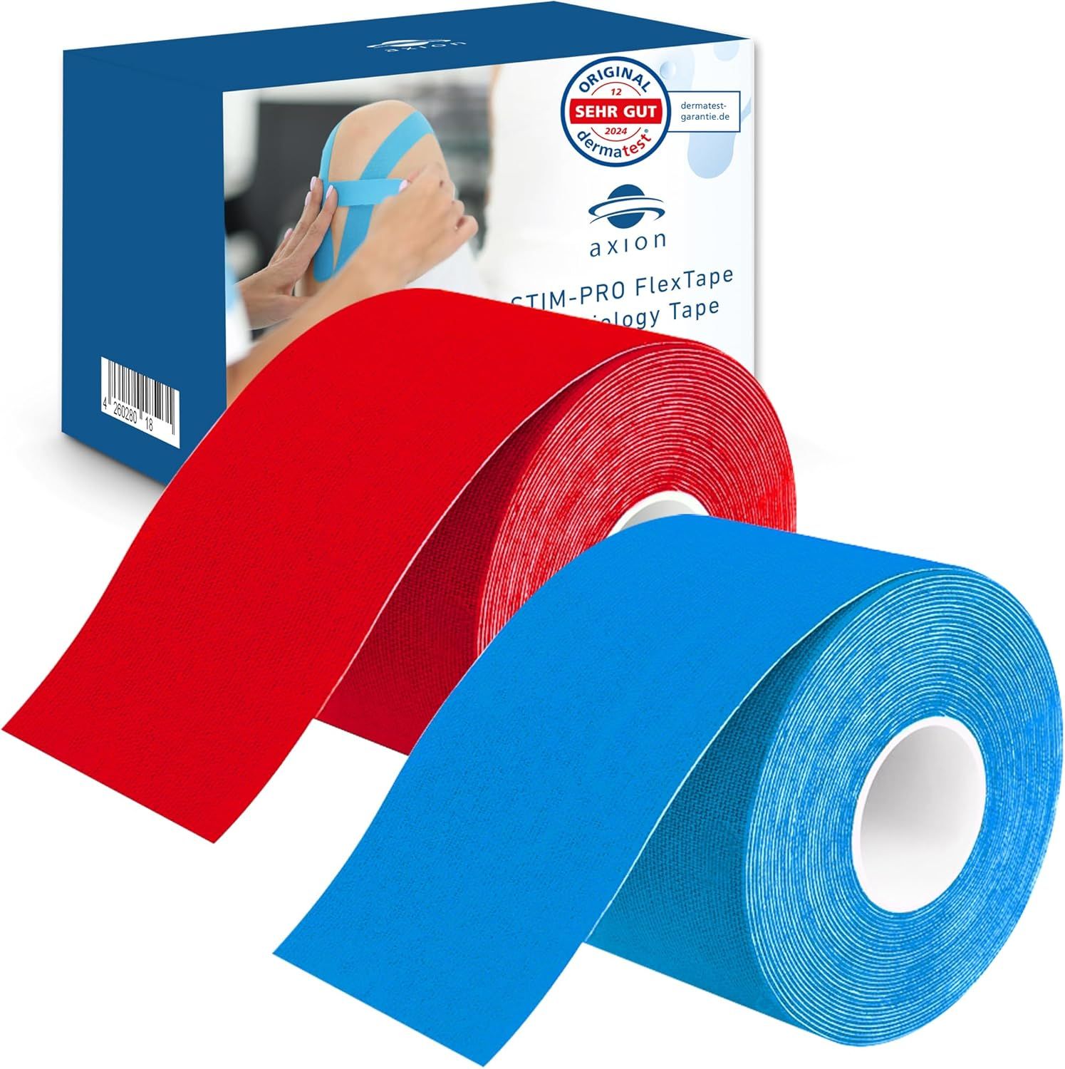 Rol rood en blauw kinesiotape. Verpakking met logo en certificering.