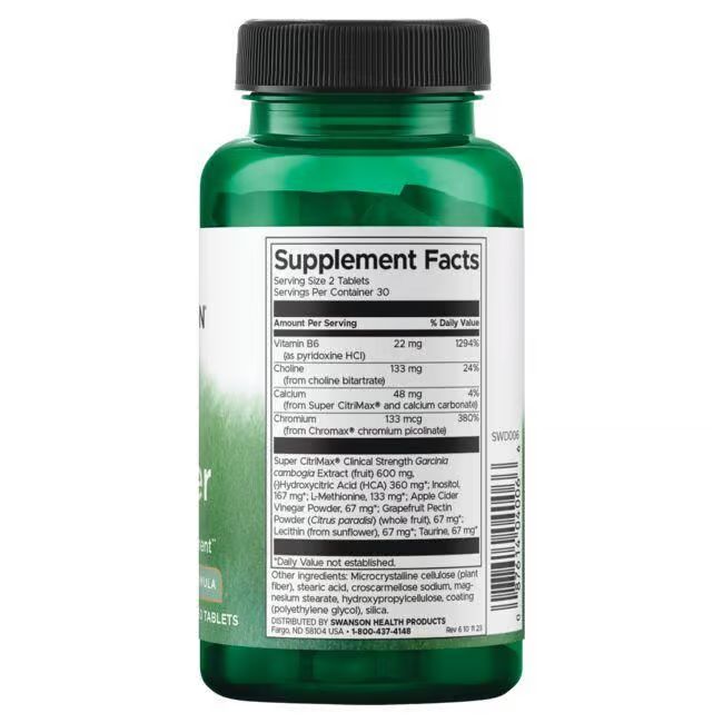 Achterkant van de groene tablettenfles. Opschrift: Supplement Facts. Lijst van ingrediënten en voedingswaarden.