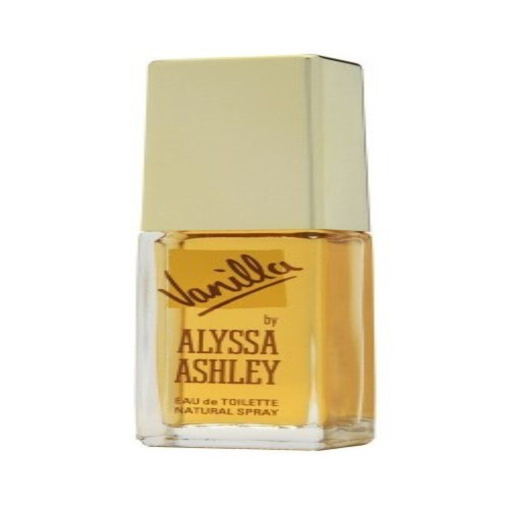 Flacon d'Eau de Toilette Alyssa Ashley Vanilla avec bouchon doré. Étiquettes jaunes avec le nom du produit.