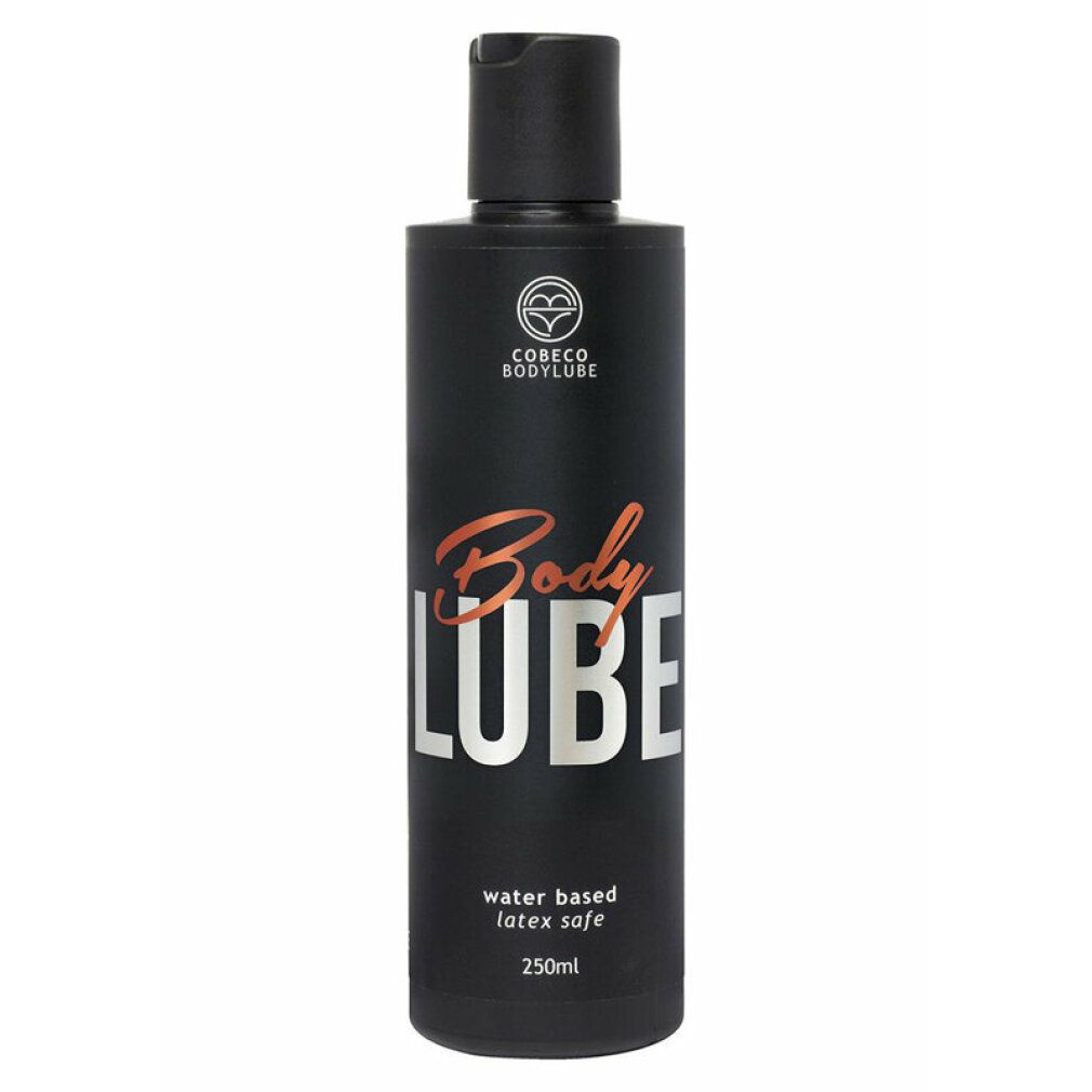 Zwarte fles met Cobeco Bodylube opschrift, 250ml.