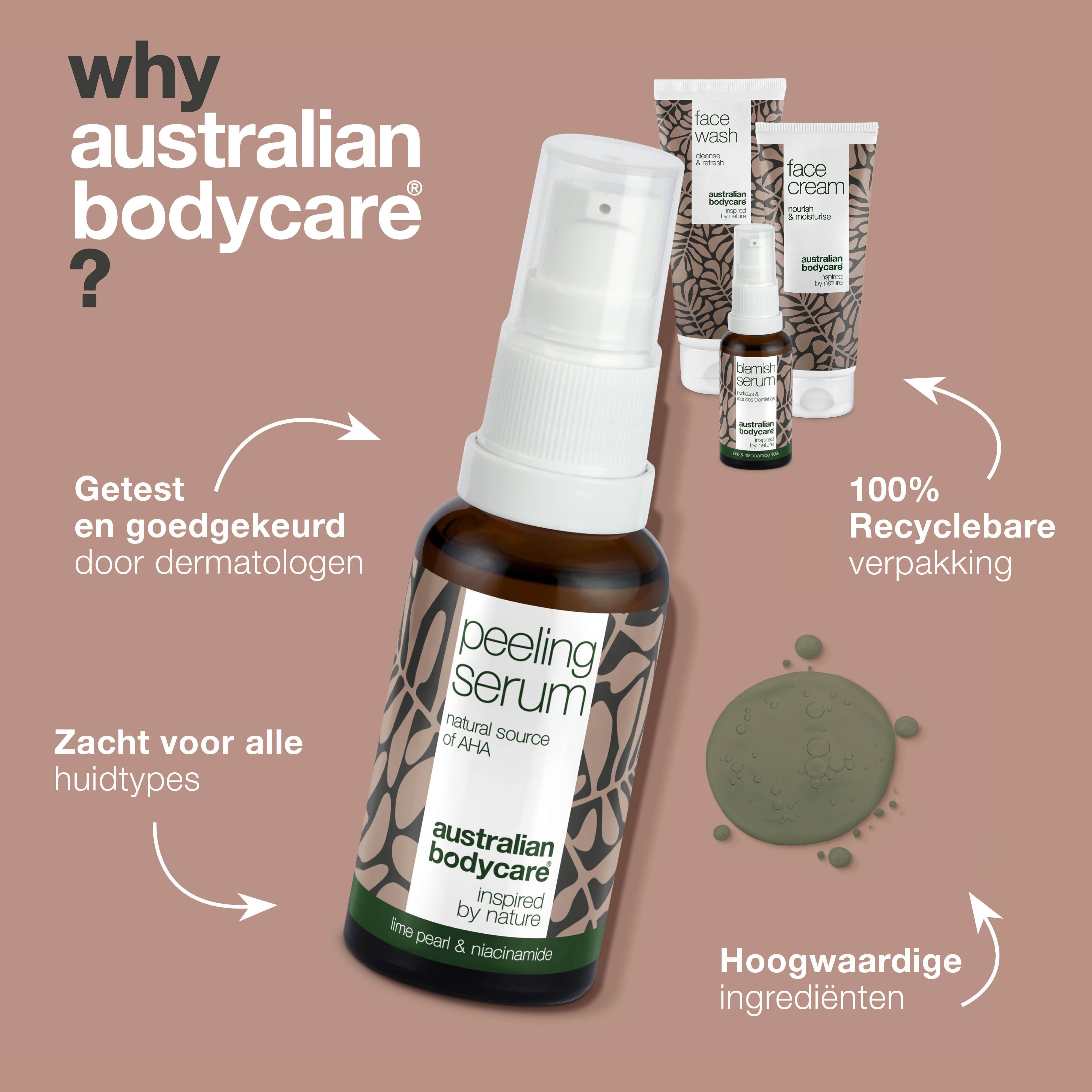 Peeling Serum fles met spraykop. Merk: Australian Bodycare. Tekst: 100% recyclebare verpakking. Hoogwaardige ingrediënten.