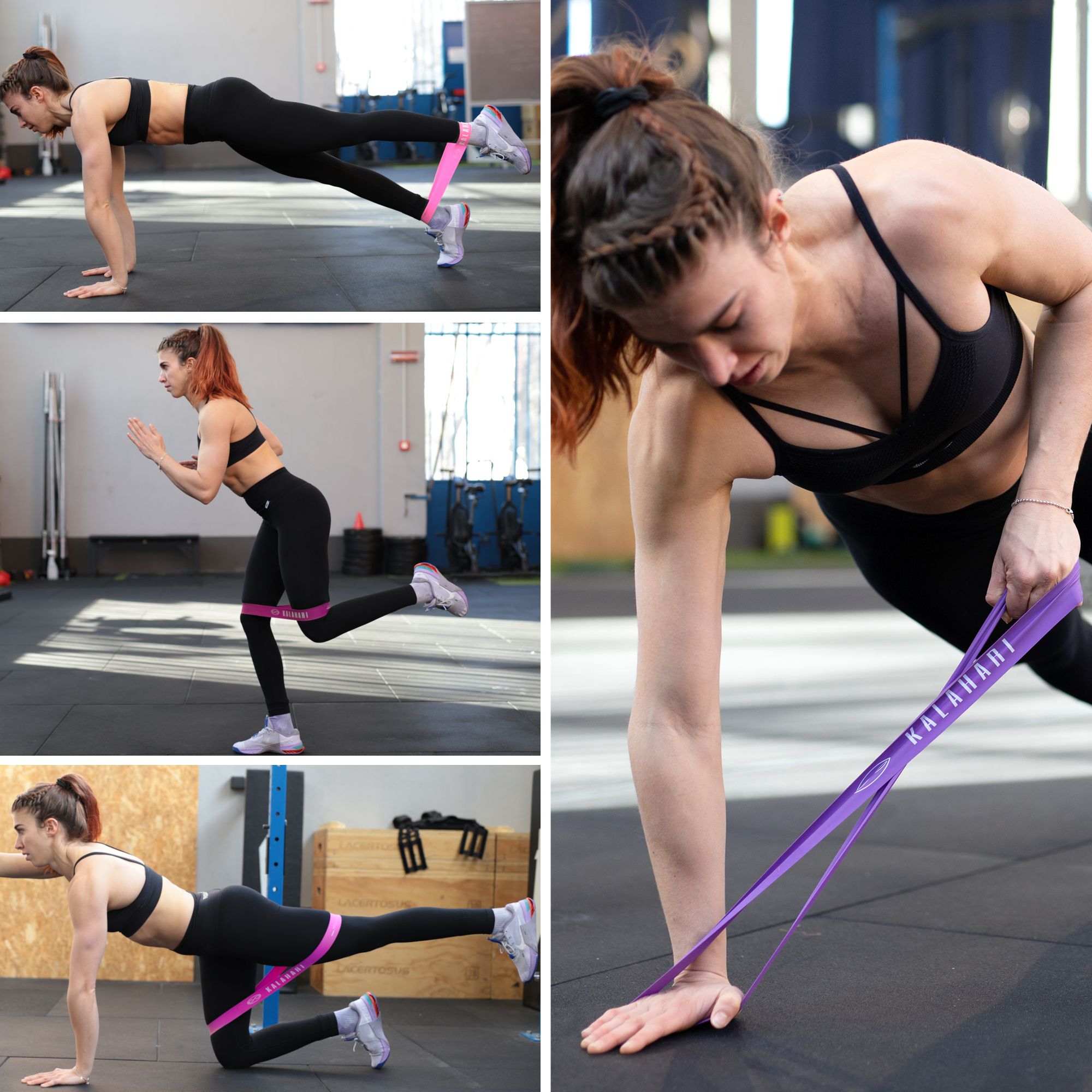 Collage: Femme s'entraînant avec des bandes de fitness KALAHARI roses et violettes dans divers exercices.