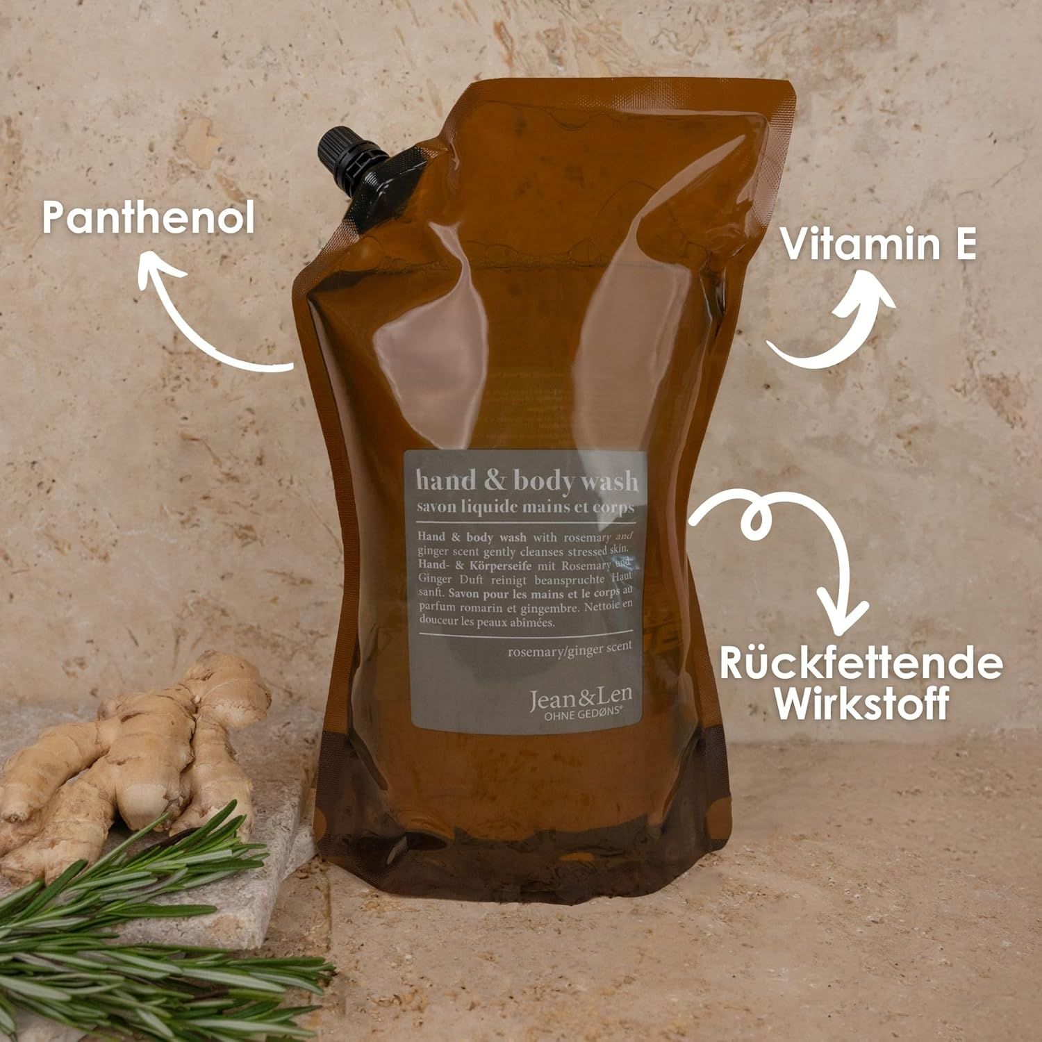 Recharge marron avec bouchon noir. Inscription: Jean & Len, Hand & Body Wash, romarin & gingembre. 1500 ml. Flèches sur ingrédients.