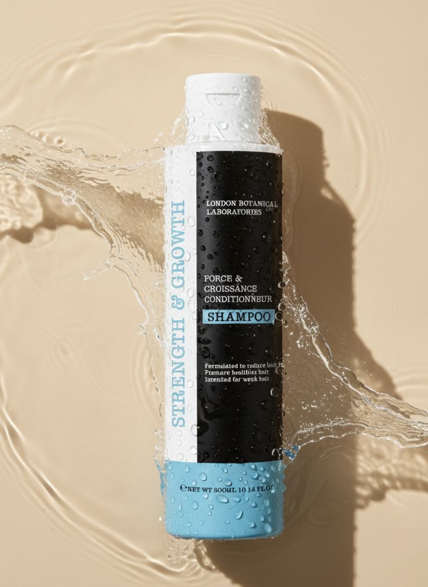 Flacon de shampooing avec de l'eau. Bouchon blanc, base bleue et étiquette noire. Texte : Strength & Growth, Shampoo, London Botanical Laboratories.