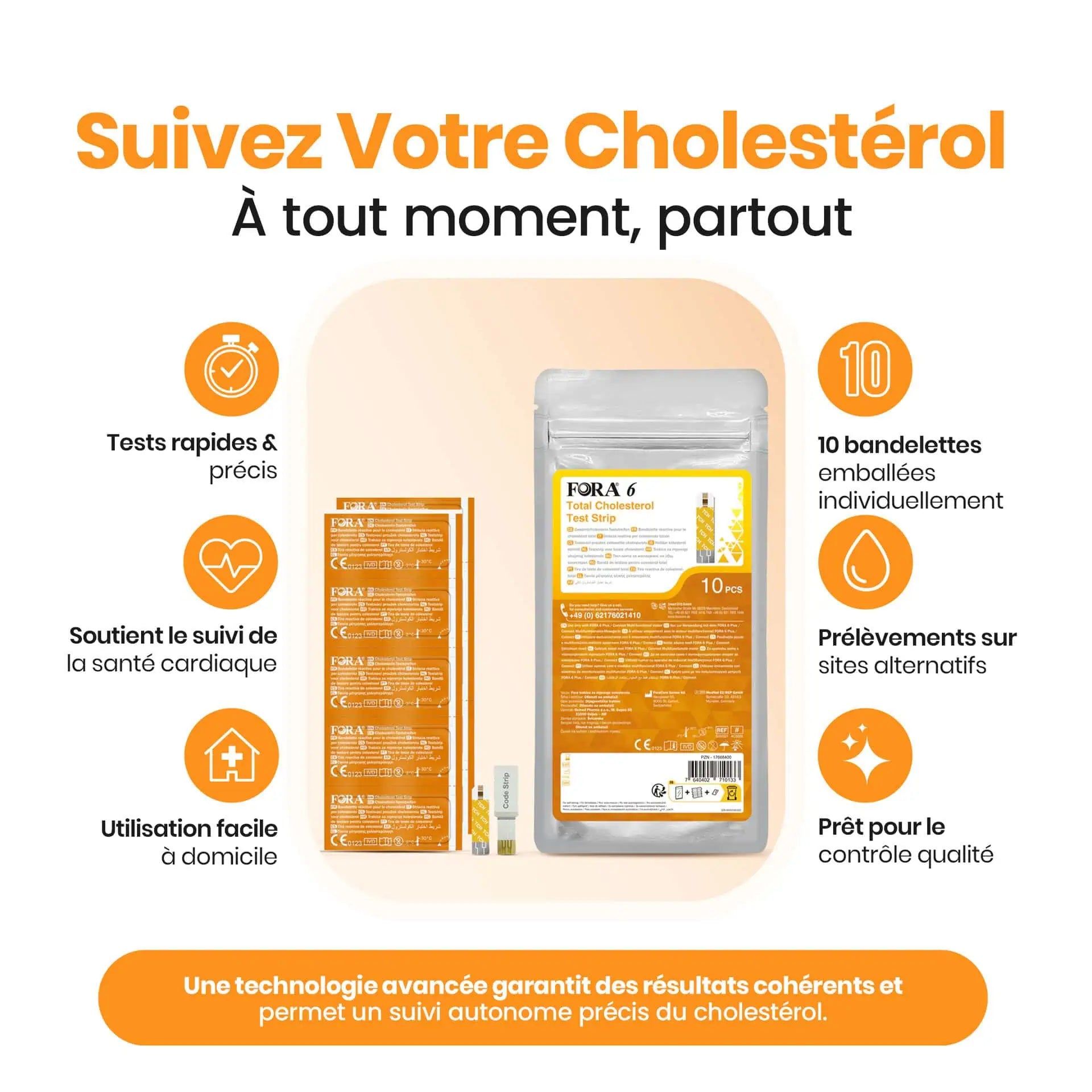 Bandelettes FORA 6 Cholestérol : 10 bandelettes emballées individuellement, certifiées CE.
