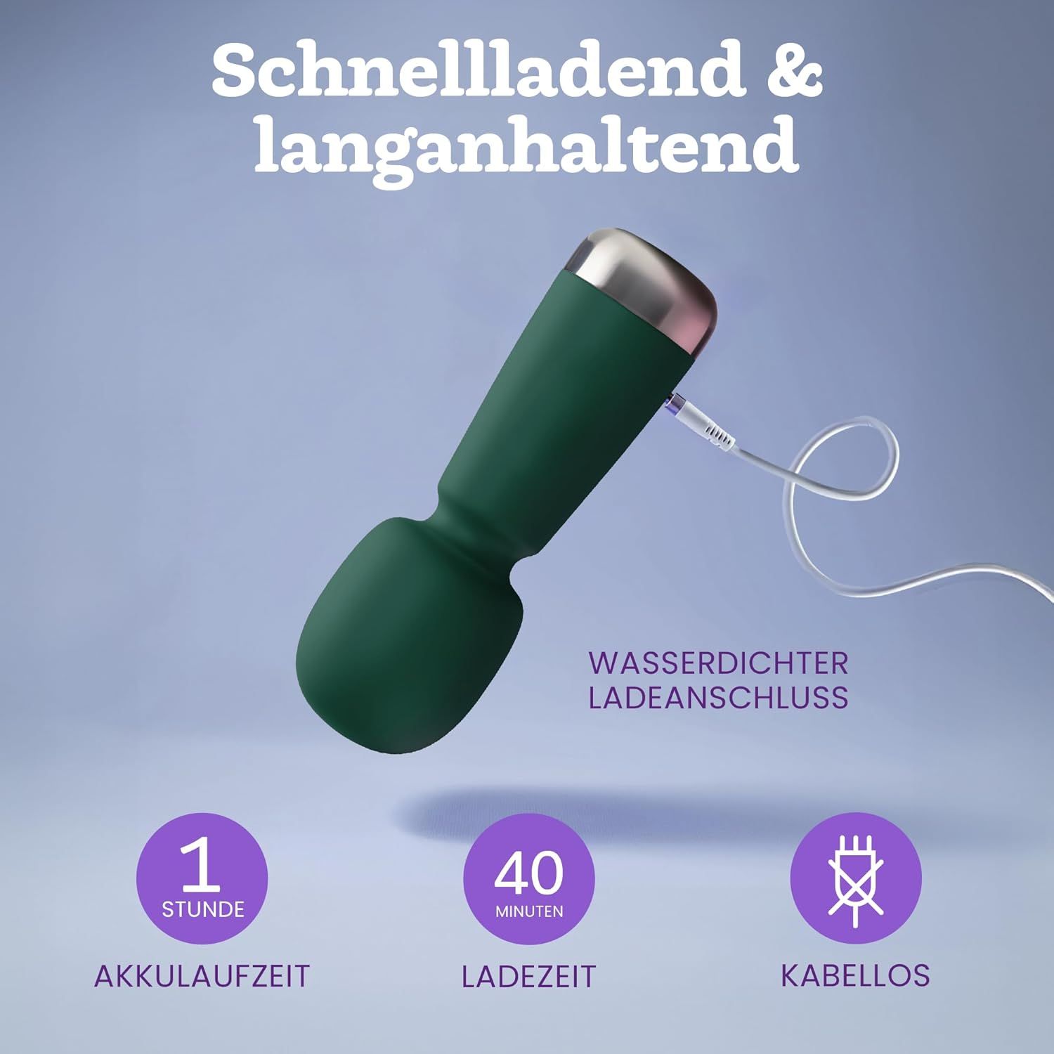 Mini vibrateur vert avec base argentée, charge via port étanche. Autonomie 1h.