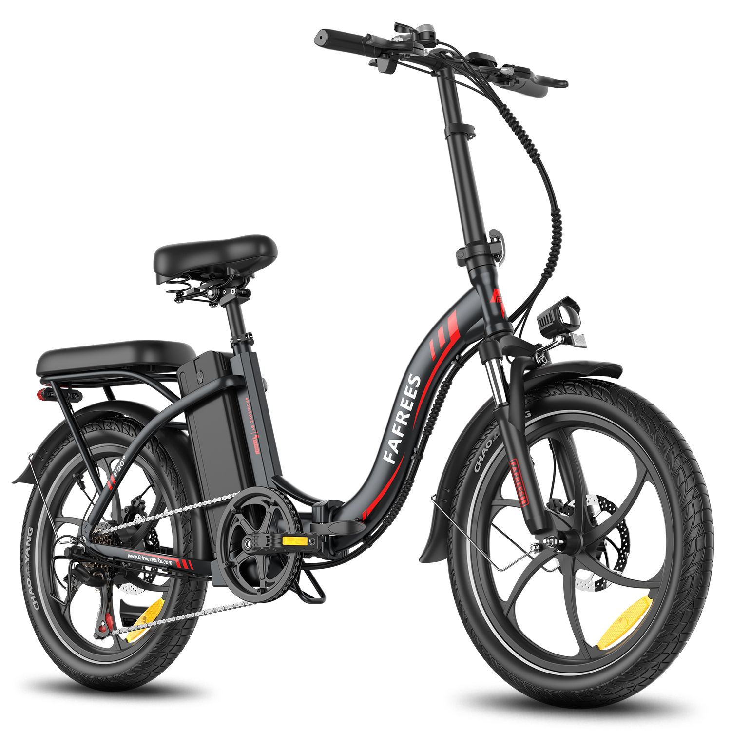 Vélo électrique pliable Fafrees F20+ noir. Visible : selle, porte-bagages, batterie, garde-boue, jantes avec liseré rouge.