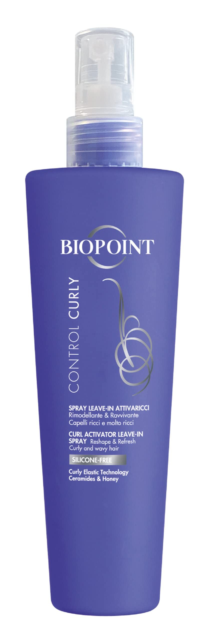 Spray Biopoint violet pour cheveux bouclés. Texte : « Control Curly », « Spray Leave-in attivante per ricci », « Silicone-Free », « Ceramides & Honey ».