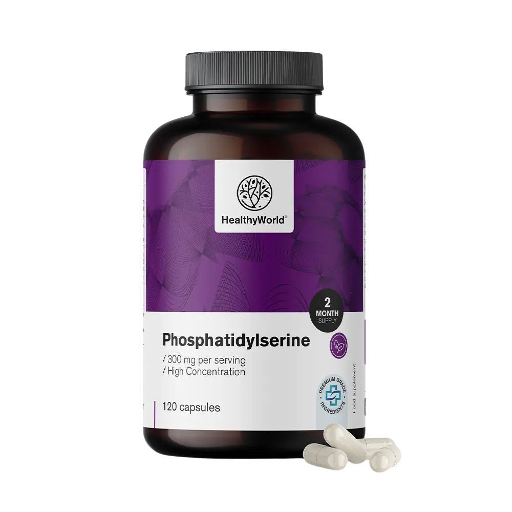 Flacon marron avec étiquette violette. Inscription : Phosphatidylserine, 120 gélules. Quelques gélules à côté. Sceau.
