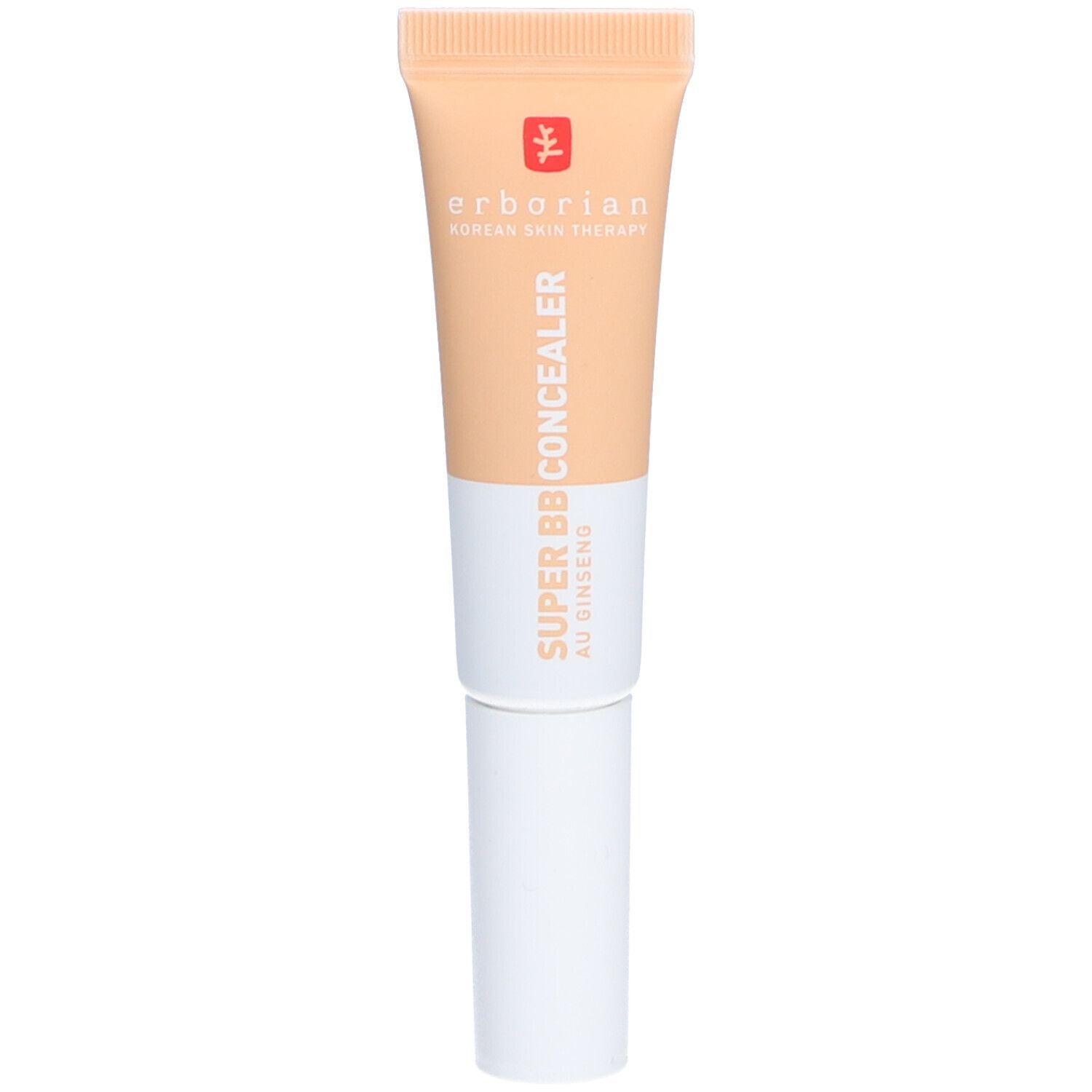 Tube de correcteur bicolore, bouchon blanc. Inscription: SUPER BB CONCEALER, AU GINSENG. Marque: Erborian.