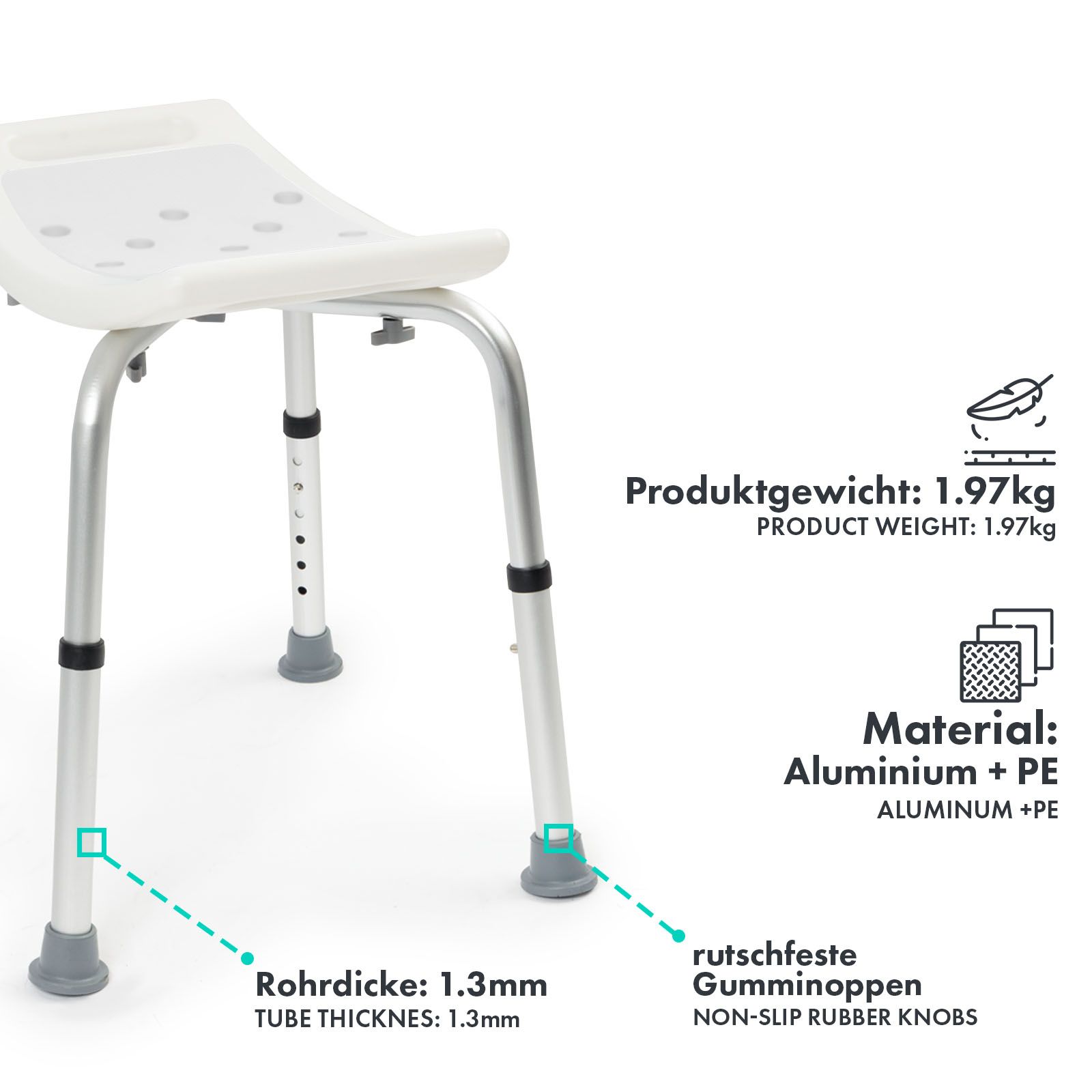 Tabouret de douche blanc, pieds argentés, pieds gris. Matériau : Aluminium + PE. Poids du produit : 1,97 kg.