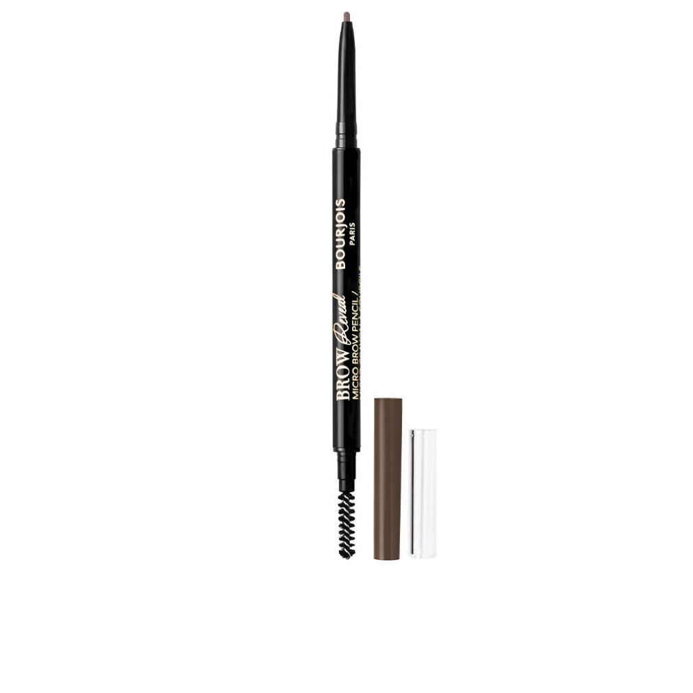 Wenkbrauwpotlood met borstel en dop. Zwarte potlood, bruin potlood. Opschrift: Bourjois Paris, Brow Reveal Micro Brow Pencil.