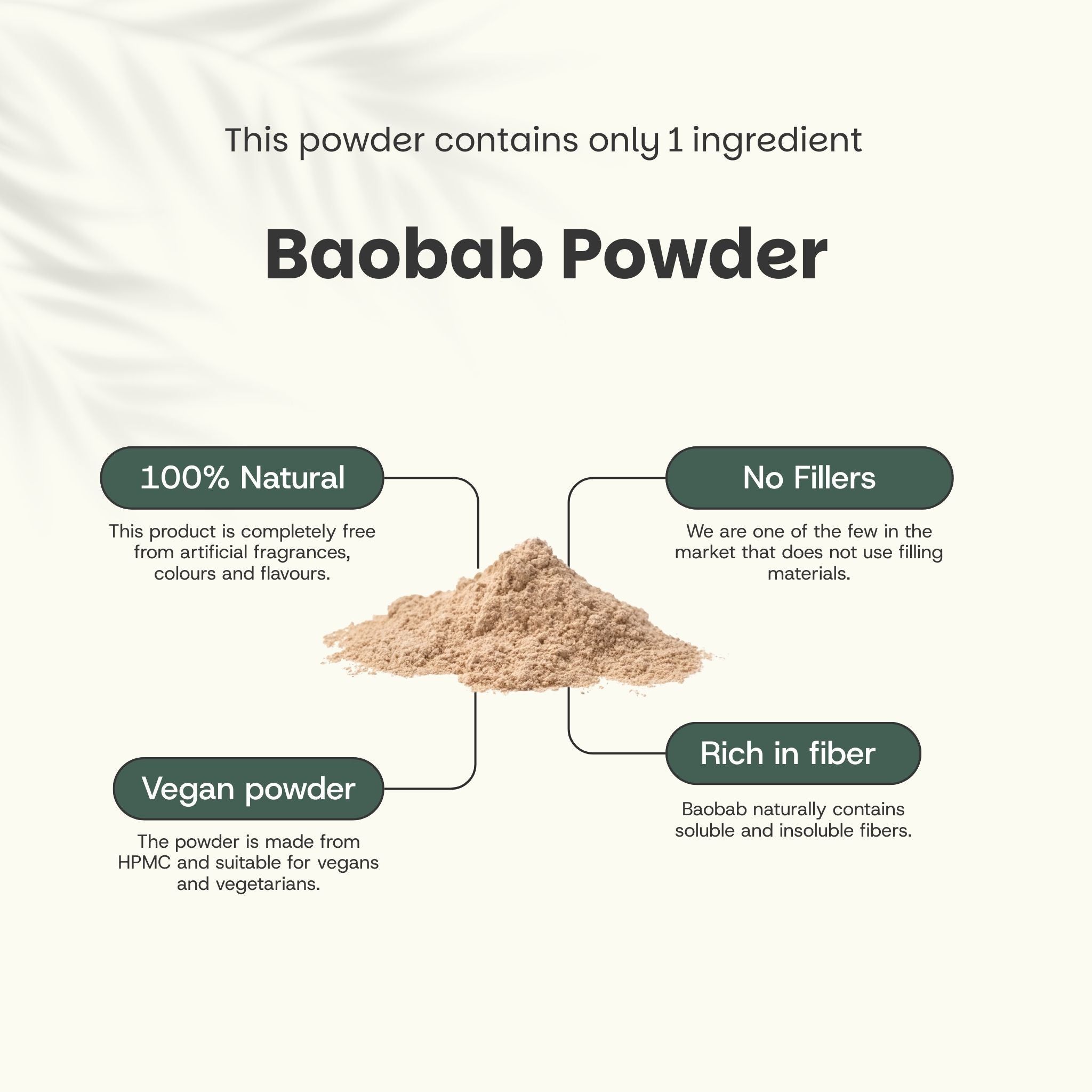 Graphique avec poudre de baobab. Texte: 100% naturel, sans additifs, poudre végétalienne, riche en fibres.