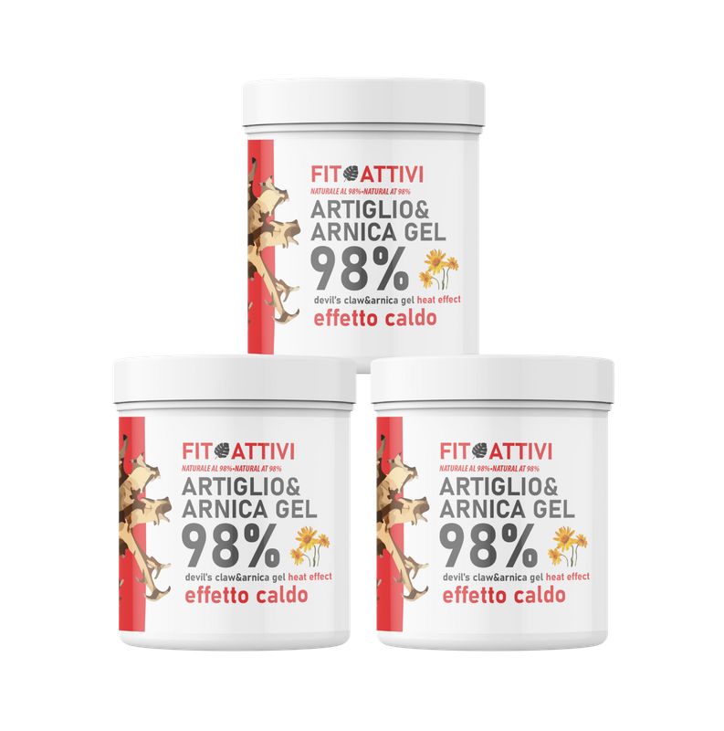 Drie witte potten met rode band. Opschrift: Artiglio&Arnica Gel 98%, Fit Attivi. Gel met warmte-effect.